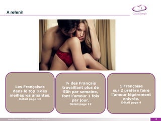 A retenir




                                                     ¼ des Français
   Les Françaises                                  travaillant plus de       1 Française
  dans le top 3 des                                 50h par semaine,      sur 2 préfère faire
 meilleures amantes.                               font l’amour 1 fois   l’amour légèrement
            Détail page 13
                                                        par jour.              enivrée.
                                                                             Détail page 4
                                                      Détail page 12




Trend Research pour CasualDating.fr – Avril 2012                                                  2
                                                                                                ‹#›
 