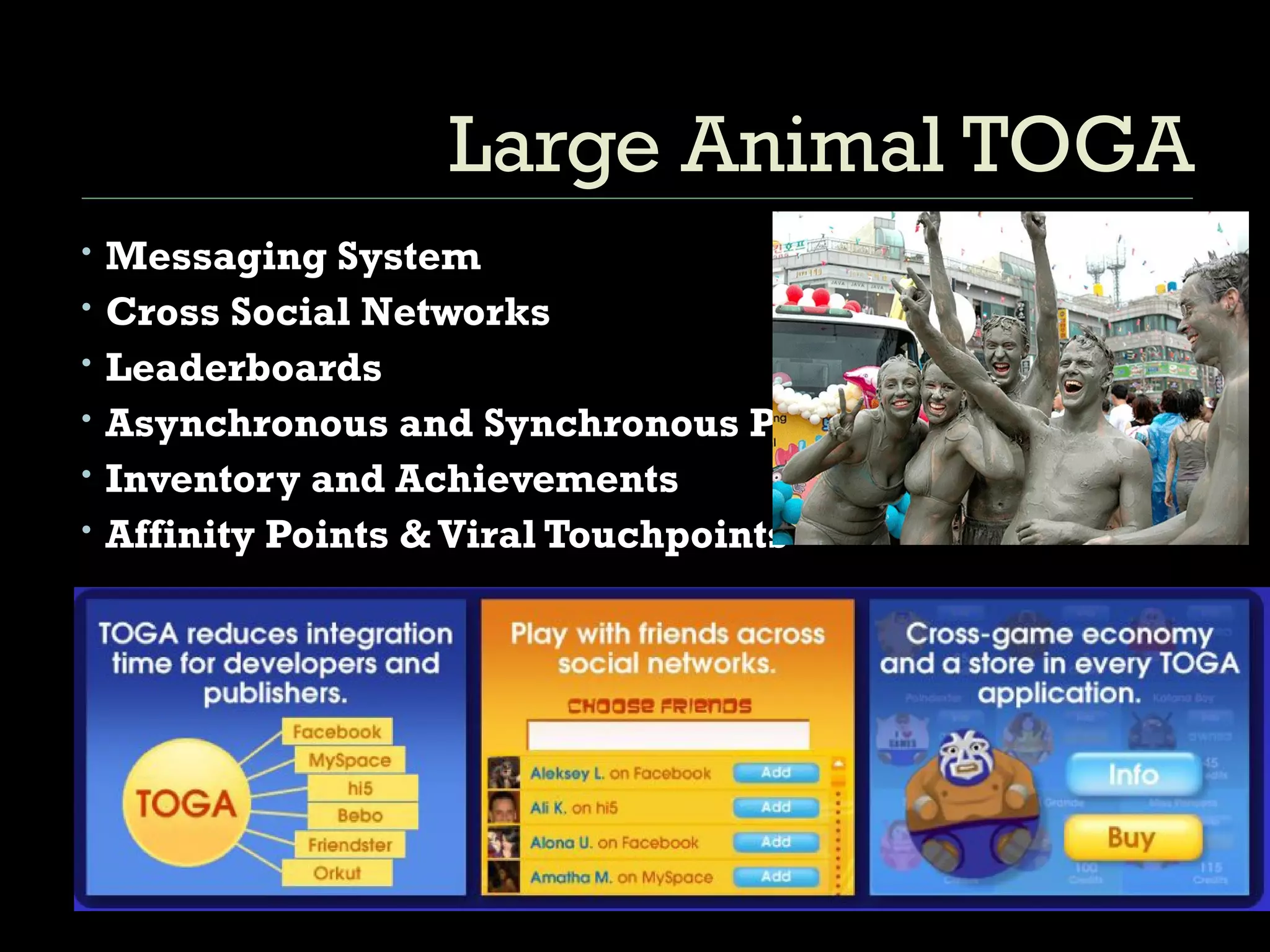 Large Animal TOGA Messaging System Cross Social Networks Leaderboards Asynchronous and Synchronous Play Inventory and Achievements Affinity Points & Viral Touchpoints 