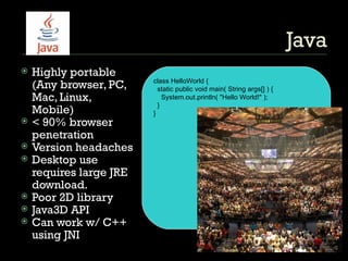 Java Highly portable (Any browser, PC, Mac, Linux, Mobile) < 90% browser penetration Version headaches Desktop use requires large JRE download. Poor 2D library Java3D API Can work w/ C++ using JNI class HelloWorld { static public void main( String args[] ) { System.out.println( &quot;Hello World!&quot; ); } } 