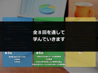 第1回
第2回
第3回
第4回
第5回
第6回
第7回
第8回
異常検知の基本的な考え方
１変数正規分布に基づく異常検知
カイ二乗分布とホテリングT^2法(1変数)
ホテリングT^2(多変数)
マハラノビス=タグチ法
非対称な分布における異常検知
期待値-最大化法(1次元)
k近傍法
性能評価の方法
正常標本精度と異常標本精度
異常検出の様々な指標
モデル精度の検証
正規混合分布モデル
サポートベクタによる異常検知
k平均法
不要な次元を含むデータの異常検知
次元削減
主成分分析を利用した正常標本の算出
主成分分析やカーネル主成分分析による異常検知
Input/Outputがあるデータの異常検知
線形回帰モデルによる異常検知
リッジ回帰モデルによる異常検知
ベイズ的線形回帰モデルによる異常検知
時系列データの異常検知
近傍法による異常部位検出
特異スペクトル変換法
自己回帰モデルによる異常検知
総括
全８回を通して
学んでいきます
 