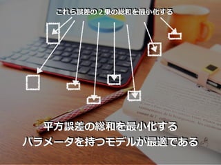 これら誤差の２乗の総和を最⼩化する
平⽅誤差の総和を最⼩化する
パラメータを持つモデルが最適である
 