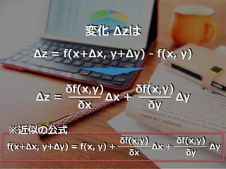 Δz = f(x+Δx, y+Δy) - f(x, y)
変化 Δzは
f(x+Δx, y+Δy) = f(x, y) +
δf(x,y)
δy
Δy
δf(x,y)
δx
Δx +
※近似の公式
Δz =
δf(x,y)
δx
Δx +
δf(x,y)
δy
Δy
 