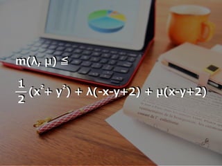 1
2
(x + y ) + λ(-x-y+2) + μ(x-y+2)
2 2
m(λ, μ) ≦
 