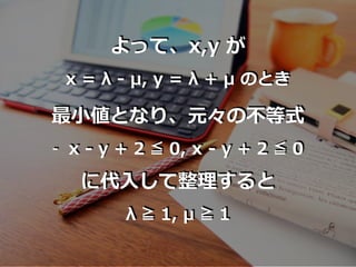 よって、x,y が
x = λ - μ, y = λ + μ のとき
最⼩値となり、元々の不等式
- x - y + 2 ≦ 0, x - y + 2 ≦ 0
に代⼊して整理すると
λ ≧ 1, μ ≧ 1
 