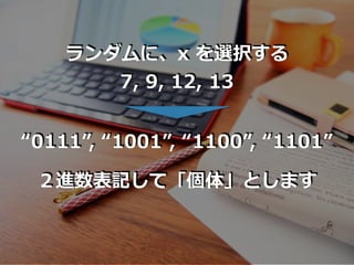 ランダムに、x を選択する
7, 9, 12, 13
“0111”, “1001”, “1100”, “1101”
２進数表記して「個体」とします
 