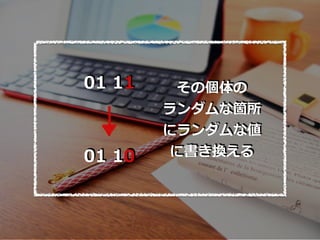01 11
01 10
その個体の
ランダムな箇所
にランダムな値
に書き換える
 