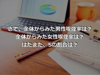 さて、全体からみた男性喫煙率は？
全体からみた⼥性喫煙率は？
はたまた、Sの割合は？
 