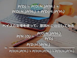 P(D) = P(D|H1)P(H1) +
P(D|H2)P(H2) + P(D|H3)P(H3)
P(D|H1)P(H1)
P(D)
P(H1|D) =
ベイスの定理を使って、原因H1に注⽬してみる
=
P(D|H1)P(H1)
P(D|H1)P(H1) + P(D|H2)P(H2) + P(D|H3)P(H3)
 