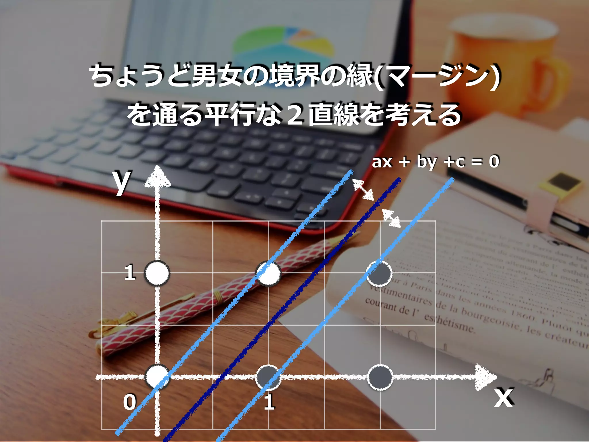 x
y
1
10
ちょうど男⼥の境界の縁(マージン)
を通る平⾏な２直線を考える
ax + by +c = 0
 