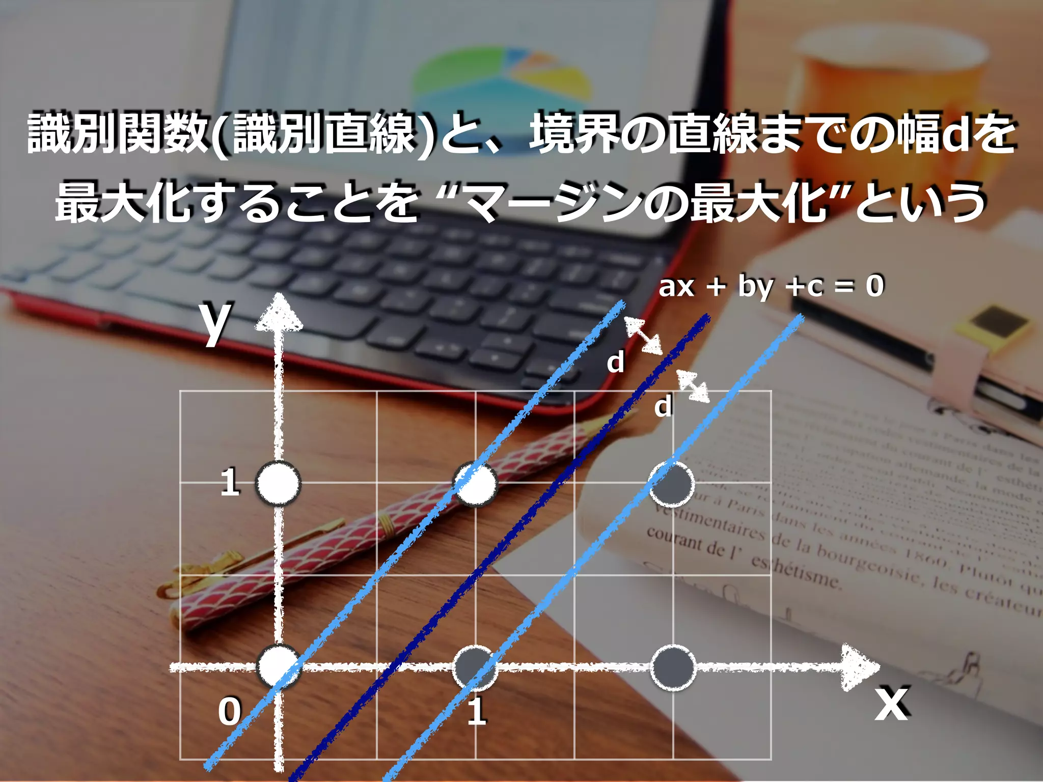 x
y
1
10
識別関数(識別直線)と、境界の直線までの幅dを
最⼤化することを “マージンの最⼤化”という
ax + by +c = 0
d
d
 