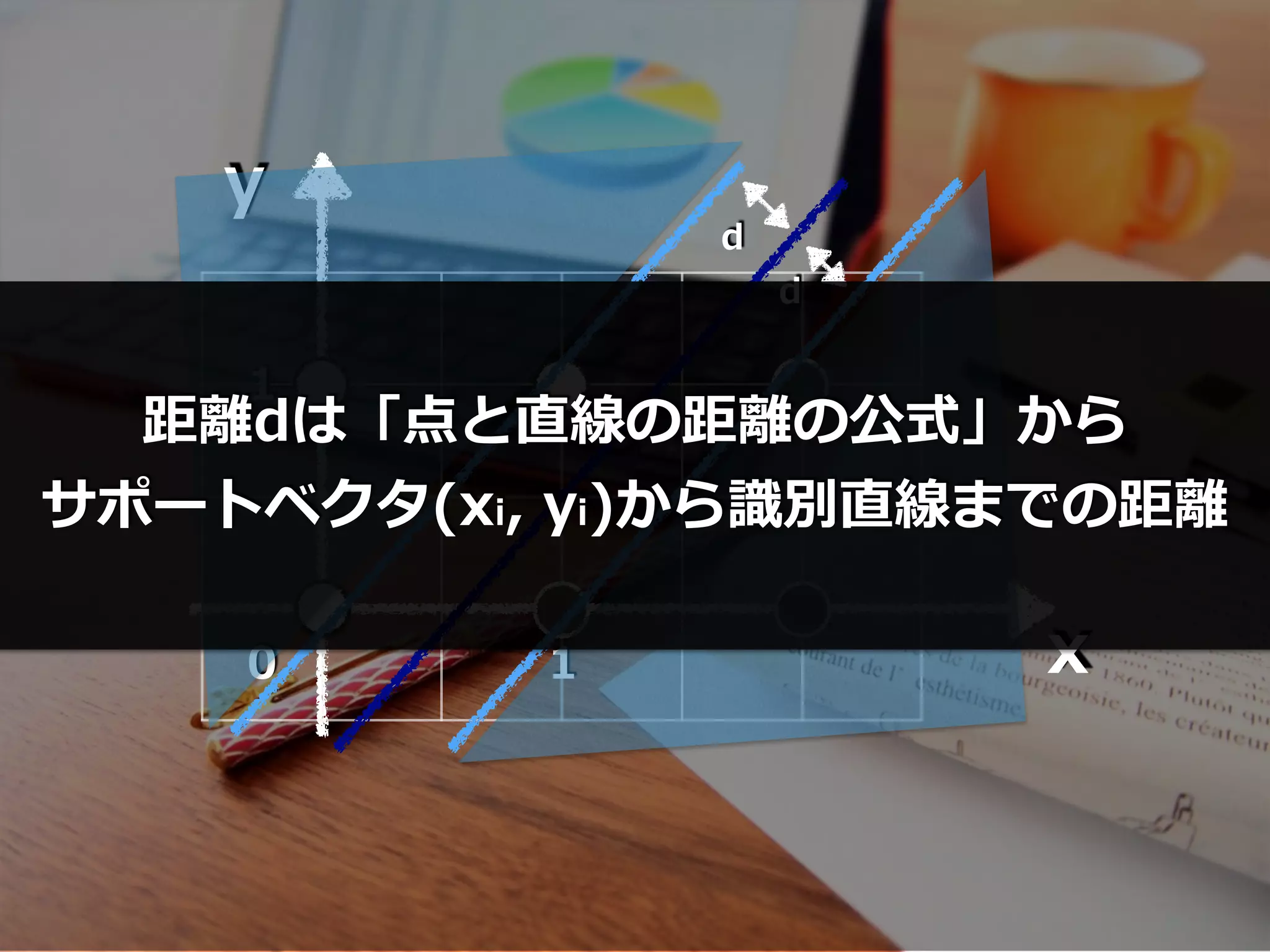 x
y
1
10
d
d
距離dは「点と直線の距離の公式」から
サポートベクタ(xi, yi)から識別直線までの距離
 