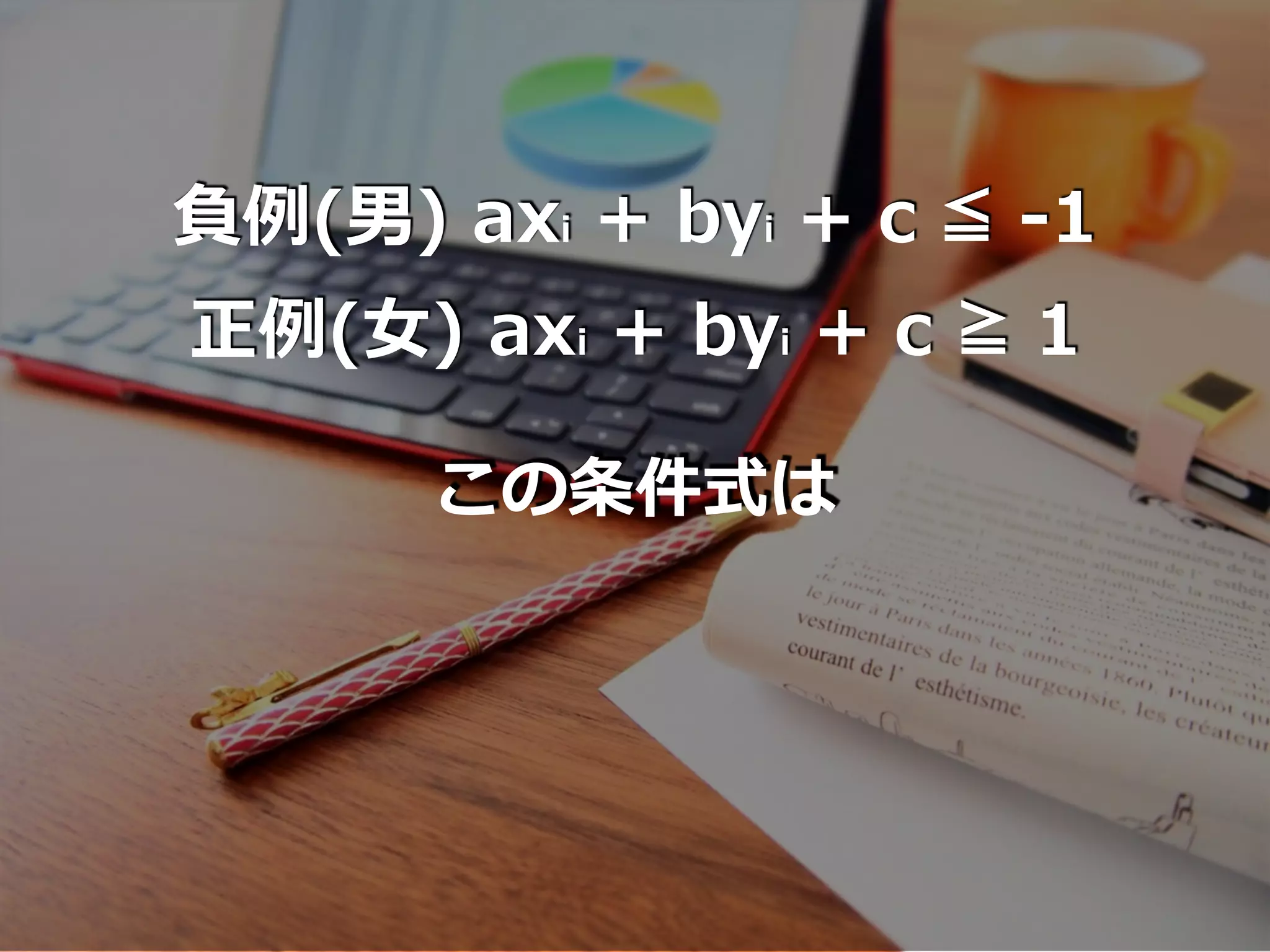 負例(男) axi + byi + c ≦ -1
正例(⼥) axi + byi + c ≧ 1
この条件式は
 