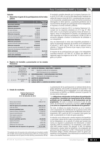 IVÁrea Contabilidad (NIIF) y Costos
IV-11Actualidad EmpresarialN° 273 SegundaQuincena-Febrero2013
Nº Fecha Glosa Cta. Debe Haber
x 31.12.12
Por el registro
del gasto por
participación de
los trabajadores
en las utilidades
2012
62 GASTOS DE PERSONAL, DIRECTORES Y GERENTES 7,061.91
629 Beneficios sociales de los trabajadores
6294 Participación de los trabajadores
41 REMUNERACIONES Y PARTICIPACIONes POR PAGAR 7,061.91
413 Participación de trabajadores por pagar
x 31.12.12
Por el destino del
gasto
91 GASTOS DE ADMINISTRACIóN 2,824.76
92 GASTOS DE VENTAS 4,237.15
79 CARGAS IMPUT. A CUENTAS DE COSTOS Y GASTOS 7,061.91
Solución
1.	 Determinar el gasto de las participaciones de los traba-
jadores
Descripción S/.
Según Ley
del IR
RESULTADO CONTABLE 74,373.89
Adiciones tributarias 66,000.00
Diferencias permanentes 9,500.00
IGV retiro de bienes 500.00
Sanciones administrativas 9,000.00
Diferencias temporales 56,500.00
Gastos de vacaciones devengadas 2012 no pagadas 38,500.00
Honorarios de auditoría 2012 18,000.00
Deducciones tributarias (52,100.00)
Diferencias permanentes (2,500.00)
Intereses exonerados (depósitos de ahorro) (2,500.00)
Diferencias temporales (49,600.00)
Gastos de vacaciones devengadas 2011 pagadas 2012 (42,800.00)
Destrucción de existencias en desmedro 2011 (6,800.00)
RENTA IMPONIBLE 88,273.89
Compensación de pérdidas de ejercicios anteriores 0.00
RENTA NETA IMPONIBLE 88,273.89
PARTICIPACIÓN DE TRABAJADORES (8 %) (7,061.91)
Empresa Esperanza S.A.
Estado del resultados
Al 31 de diciembre de 2012
S/.
Ventas netas de bienes 1,088,327.00
Prestación de servicios
Total de ingresos de actividades ordinarias 1,088,327.00
Costo de ventas -816,245.25
Ganancia (pérdida) bruta 272,081.75
Gastos de ventas y distribución (113,069.85)
Gastos de administración (89,890.92)
Otros ingresos operativos 200.00
Otros gastos operativos
Ganancia (pérdida) operativa 69,320.98
Ingresos financieros 3,241.00
Gastos financieros (3,861.00)
Diferencias de cambio neto (1,389.00)
Resultado antes de impuesto a las ganancias 67,311.98*
3.	 Estado de resultados
2.	 Registro de Contable y presentación en los estados
financieros
*El resultado antes de impuestos está conformado por el resultado contable
(74,373.89), menos el gasto de participaciones (7,061.91), el mismo que ha
sido distribuido entre los gastos de ventas (60 %) y administrativos (40 %).
El resultado contable obtenido por la empresa Esperanza S.A.
es de S/.74,373.89, el cual ha sido determinado mediante los
saldos del mayor al cierre del 2012, considerando que la empre-
sa ha reconocido contablemente todos los hechos económicos
devengados en dicho ejercicio, y quedando pendiente solo el
reconocimiento del gasto por participación de los trabajadores,
el impuesto a la renta corriente y diferido.
Siendo que en el ejercicio 2012, la empresa Esperanza S.A.,
cumple con los requisitos señalados en el D. Leg. N° 892,
tales como: es una empresa que genera rentas de tercera ca-
tegoría, tiene 55 trabajadores en planilla y ha obtenido renta
neta imponible en el ejercicio ascendiente a S/.88,273.89; se
encuentra obligada a realizar la distribución de utilidades a
sus trabajadores.
Una vez determinada la renta neta imponible procedemos a
aplicar el porcentaje respectivo de acuerdo con lo señalado en
el artículo 2° del D. Leg. N° 892, en este se aplicará la tasa
referida a “Empresas de Comercio al por mayor y al por menor y
Restaurantes (8 %)”.
El importe de las participaciones por pagar a los trabajadores
ascenderá entonces a S/.7,061.91, el mismo que deberá ser
registrado según las exigencias de las NIC 19, esto es como un
gasto y un pasivo.
La presentación de las participaciones se realizará dentro de los
gastos operativos, esto acorde a lo señalado en el párrafo 11 de
la NIC 19 Beneficios de los trabajadores; en la que señala que
se reconocerá un GASTO y un PASIVO, asimismo, el párrafo 19
de esta norma indica que:
“Las obligaciones relacionadas con los planes de participación
en ganancias e incentivos son consecuencia de los servicios
prestados por los empleados, no de transacciones con los
propietarios. Por tanto, la entidad reconocerá el costo de tales
planes, de participación en ganancias e incentivos, como un gasto
y no como un componente de la distribución de la ganancia”.
Por ende, al elaborar los estados financieros ya no se muestran
como componentes de la distribución de la ganancia (como antes
se mostraba debajo de la determinación del Resultado antes de par-
ticipaciones e IR), a partir del 2011 se muestran como gastos; por
ende, su presentación en el rubro de gastos operativos.
En relación con la información a revelar respecto a los beneficios
a corto plazo, dentro de los cuales se encuentra la participación
de los trabajadores, en su párrafo 25 señala que aunque esta
norma no requiere la presentación de información a revelar
específica sobre los beneficios a los empleados a corto plazo,
otras NIIF pueden hacerlo. Por ejemplo, la NIC 24 requiere
información a revelar sobre los beneficios a los empleados del
personal clave de la gerencia. La NIC 1 Presentación de estados
financieros obliga a revelar información sobre los gastos por
beneficios a los empleados. Esta información se mostrará en las
notas a los estados financieros.
 