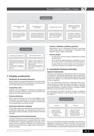 IVÁrea Contabilidad (NIIF) y Costos
IV-5Actualidad EmpresarialN° 273 SegundaQuincena-Febrero2013
Pasivos financieros
Mantenidos para negociación Otros pasivos financieros
Derivados de pasivos que no
son instrumentos de cobertura.
Corresponde a los denominados
traiding.
La obligación de entregar tí-
tulos en parte de préstamos
obtenidos.
Cualquier pasivo financiero
asignado a esta categoría de
pasivo al momento inicial del
reconocimiento.
Puede incluir pasivo utilizado
para financiar actividades de
negociación.
Instrumentos financieros
Primarios Derivados
•	 Cuentas por cobrar
•	 Cuentas por Pagar
•	 Instrm. de patrimonio
-	Acciones
-	Participaciones
•	 Opciones financieras
•	 Contratos a futuro
•	 Contratos a término
•	 Permutas financieras: tasa
de interés y divisas
5.	Principales consideraciones
-	 Clasificación de instrumento financiero
	 Emisor clasificará como pasivo financiero o como instrumento
de patrimonio, teniendo en consideración su esencia econó-
mica independiente de su forma jurídica.
-	 Característica clave
	 Existencia de una obligación contractual de entregar, por
parte de la entidad, efectivo u otro activo financiero al ad-
quiriente del instrumento financiero.
-	 Acciones preferentes
	 Será un pasivo financiero si el emisor está obligado a rem-
bolsarla por una cantidad fija, en una fecha determinable,
o concede al tenedor el derecho de exigir su rembolso por
una actividad fija en una fecha correcta.
-	 Instrumento financiero compuesto
	 Emisor debe clasificar por separado de un mismo instrumen-
to financiero compuesto, los componentes de pasivo y de
patrimonio: deuda convertible y deuda emitida con derecho
separable.
-	 Compensación de instrumento financiero
	 Un activo financiero y un pasivo financiero pueden ser com-
pensados y presentados por su importe neto solo cuando
la entidad tiene un derecho legalmente reconocido a com-
pensar y tiene la intensión de liquidar por el importe neto
o realizar el activo financiero y pagar el pasivo financiero en
forma simultánea.
GA 16 Los instrumentos financieros derivados crean derechos y
obligaciones que tienen el efecto de transferir entre las partes
implicadas en el instrumento, uno o varios tipos de riesgos finan-
cieros inherentes a un instrumento financiero primario subyacente.
Mantenidos para nego-
ciación
Inversiones con la inten-
ción de obtener ganancia
en el corto plazo reconoci-
da en el ejercicio.
Inversiones representativas
de deuda de cuantía fija y
con vencimiento fijo y los re-
presentativos de patrimonio.
Inversiones distintas a las
mantenidas para negocia-
ción y de las mantenidas
hasta su vencimiento.
Instrumentos creados por
la empresa a cambio de
suministrar efectivo, bienes
de servicios directamente
al deudor.
Mantenidos hasta su
vencimiento
Disponibles para la venta
Préstamos y cuentas por
cobrar originados por la
empresa
Activos financieros
-	 Intereses, dividendos, pérdidas y ganancias
	 Relacionados con un instrumento financiero, clasificados
como pasivos deben ser presentados en resultados como
ingresos o gastos, según corresponda.
-	 Acciones propias
-	 El costo de las acciones propias readquiridas se deduce
del patrimonio.
-	 No se reconoce ninguna ganancia o pérdida en la com-
pra, venta, emisión o cancelación de acciones propias.
-	 El valor diferente al valor nominal, por la recompra y la
venta de las acciones se reconocen en el patrimonio.
6.	Instrumentos financieros derivados
Aspectos fundamentales
Tomando como referencia el Apéndice de la NIC 32 Instrumen-
tos financieros: Presentación denominado Guía de Aplicación,
que explica la aplicación de determinados aspectos de la citada
norma, en lo relativo a los instrumentos financieros derivados
se tiene lo siguiente:
GA 15 Los instrumentos financieros comprenden tanto instru-
mentos primarios (cuentas por cobrar, por pagar o instrumen-
tos de patrimonio) como instrumentos financieros derivados
(opciones financieras, contratos a término, contratos a futuro,
permutas de tasas de interés y de divisas).
Los instrumentos financieros derivados cumplen la definición
de instrumento financiero; y por lo tanto están en el alcance
de la NIC 32.
 
