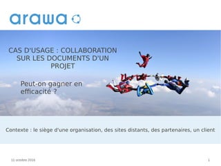 14 octobre 2016 1
Contexte : le siège d'une organisation, des sites distants, des partenaires, un client
CAS D'USAGE : COLLABORATION
SUR LES DOCUMENTS D'UN
PROJET
Peut-on gagner en
efficacité ?
 