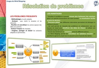 Usages du Mind Mapping




                                                         LES AVANTAGES
    LES PROBLEMES FREQUENTS                              - Visualiser le problème et pouvoir trouver plus facilement des solutions
    - Méthodologie et outils adaptés.                    grâce à la capacité d’associations de notre cerveau. La visualisation facilite
    - Analyser      avec clarté la situation et les      la prise de décision.
    obstacles.                                           - Panorama global des différentes alternatives permettant de distinguer la
    - Planifier et concrétiser les actions (passer des   meilleure solution.
    idées aux actions).                                  - Cet outil permet de résoudre des problèmes en collaboration avec ses
    - Evaluer l’impact des résultats.                    équipes de travail pour bénéficier des idées de chacun et utiliser une
                                                         méthode unique de travail.
    - Imaginer, partager et choisir les solutions
    adaptées et pertinentes.                             - Trouver plus facilement un consensus entre les différents acteurs.
                                                         - Le Mind Mapping permet de concrétiser les solutions trouvées en
                                                         planifiant et gérant le projet tout en pouvant suivre l’avancée des tâches.
 