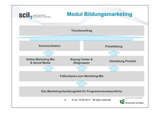 Modul Bildungsmarketing

                               Transferauftrag




        Kommunikation                                          Preisbildung



Online Marketing Mix           Buying Center &
                                                                   Gestaltung Produkt
  & Social Media                 Zielgruppen



                       Fallanalysen zum Marketing-MIx




          Das Marketing-Handlungsfeld für Programmverantwortliche

                          6    © scil 03.04.2013 All rights reserved.
 