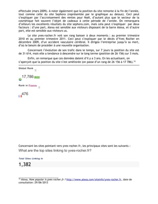 effectuée (mars 2009). A noter également que la position du site remonte à la fin de l’année,
tout comme celle du site Sephora (représentée par le graphique au dessus). Ceci peut
s’expliquer par l’accroissement des ventes pour Noël, d’autant plus que le secteur de la
cosmétique fait souvent l’objet de cadeaux à cette période de l’année. On remarquera
d’ailleurs les excellents résultats du site sephora.com, mais cela peut s’expliquer par deux
facteurs : d’une part, Alexa est sensible aux visiteurs disposant de la barre Alexa, et d’autre
part, elle est sensible aux visiteurs us.
Le site yves-rocher.fr voit son rang baisser à deux moments : au premier trimestre
2010 et au premier trimestre 2011. Ceci peut s’expliquer par le décès d’Yves Rocher en
décembre 2009, d’un accident vasculaire cérébral. Il dirigea l’entreprise jusqu’à sa mort,
d’où le besoin de procéder à une nouvelle organisation.
Concernant l’évolution de son trafic dans le temps, sur 7 jours la position du site est
de 31 614, mais elle a tendance à descendre sur le long terme (position de 26 156) sur 3 mois.
Enfin, on remarque que ces données datent d’il y a 3 ans. En les actualisant, on
s’aperçoit que la position du site s’est améliorée (on passe d’un rang de 26 156 à 17 786).15
Global Rank
17,786 2,840
Rank in France
476
Concernant les sites pointant vers yves-rocher.fr, les principaux sites sont les suivants :
What are the top sites linking to yves-rocher.fr?
Total Sites Linking In
1,382
15
Alexa, How popular is yves-rocher.fr ? http://www.alexa.com/siteinfo/yves-rocher.fr, date de
consultation: 29/06/2013
 