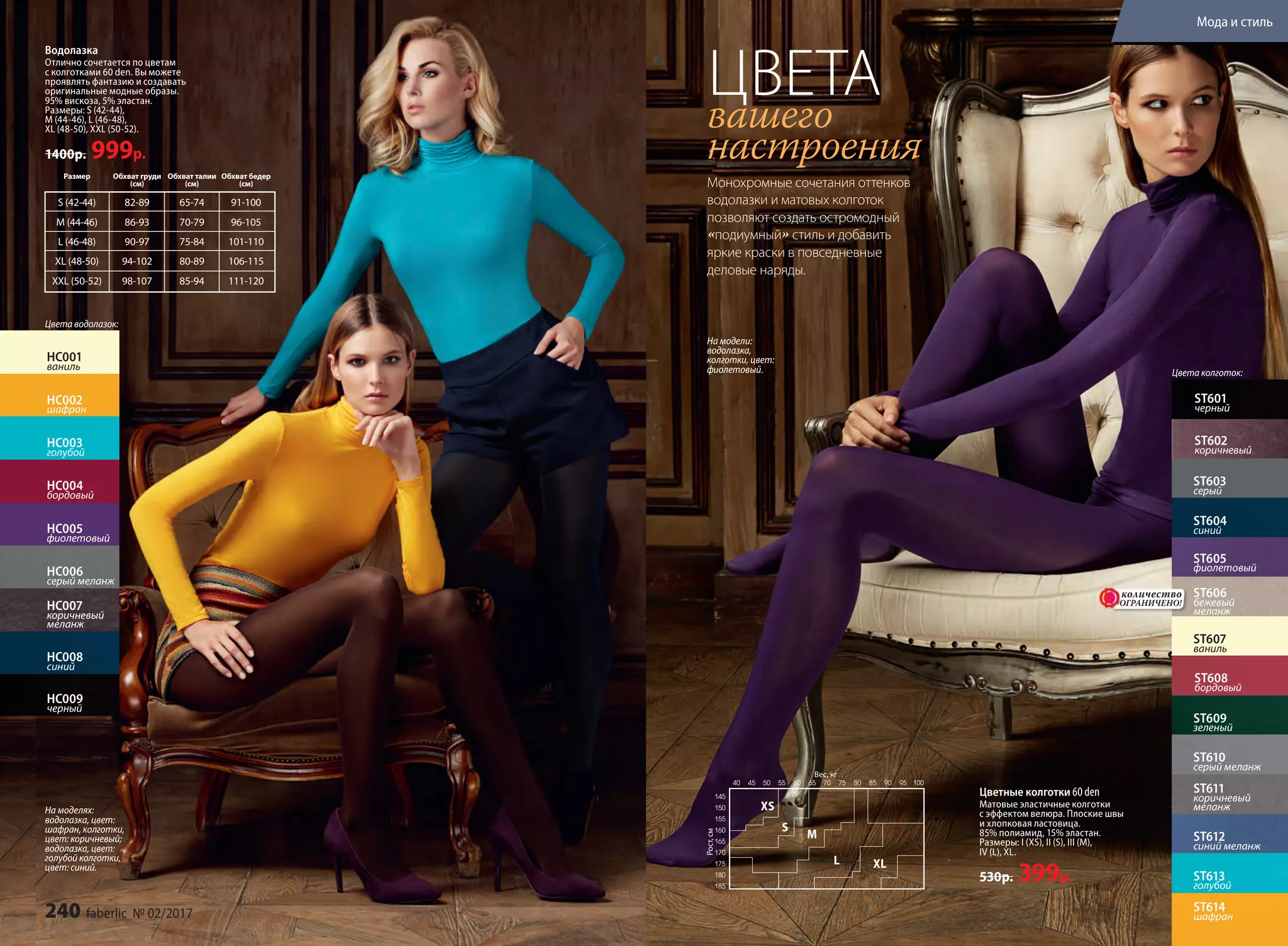 На моделях:
водолазка, цвет:
шафран, колготки,
цвет: коричневый;
водолазка, цвет:
голубой колготки,
цвет: синий.
Размер
S (42-44)
M (44-46)
L (46-48)
XL (48-50)
XXL (50-52)
Обхват груди
(см)
82-89
86-93
90-97
94-102
98-107
Обхват талии
(см)
65-74
70-79
75-84
80-89
85-94
Обхват бедер
(см)
91-100
96-105
101-110
106-115
111-120
Водолазка
Отлично сочетается по цветам
с колготками 60 den. Вы можете
проявлять фантазию и создавать
оригинальные модные образы.
95% вискоза, 5% эластан.
Размеры: S (42-44),
M (44-46), L (46-48),
XL (48-50), XXL (50-52).
1400р. 999р.
HC002
шафран
HC003
голубой
HC004
бордовый
HC005
фиолетовый
HC006
серый меланж
HC007
коричневый
меланж
HC008
синий
HC009
черный
HC001
ваниль
Цвета водолазок:
На модели:
водолазка,
колготки, цвет:
фиолетовый.
вашего
настроения
ЦВЕТА
Монохромные сочетания оттенков
водолазки и матовых колготок
позволяют создать остромодный
«подиумный» стиль и добавить
яркие краски в повседневные
деловые наряды.
ST602
коричневый
ST601
черный
ST603
серый
ST604
синий
ST605
фиолетовый
ST606
бежевый
меланж
ST607
ваниль
ST609
зеленый
ST612
синий меланж
ST614
шафран
ST613
голубой
ST611
коричневый
меланж
ST608
бордовый
ST610
серый меланж
XS
S
M
L XL
Цветные колготки 60 den
Матовые эластичные колготки
с эффектом велюра. Плоские швы
и хлопковая ластовица.
85% полиамид, 15% эластан.
Размеры: I (XS), II (S), III (M),
IV (L), XL.
530р. 399р.
Цвета колготок:
ОГРАНИЧЕНО!
количество
240 faberlic № 02/2017
Мода и стиль
 