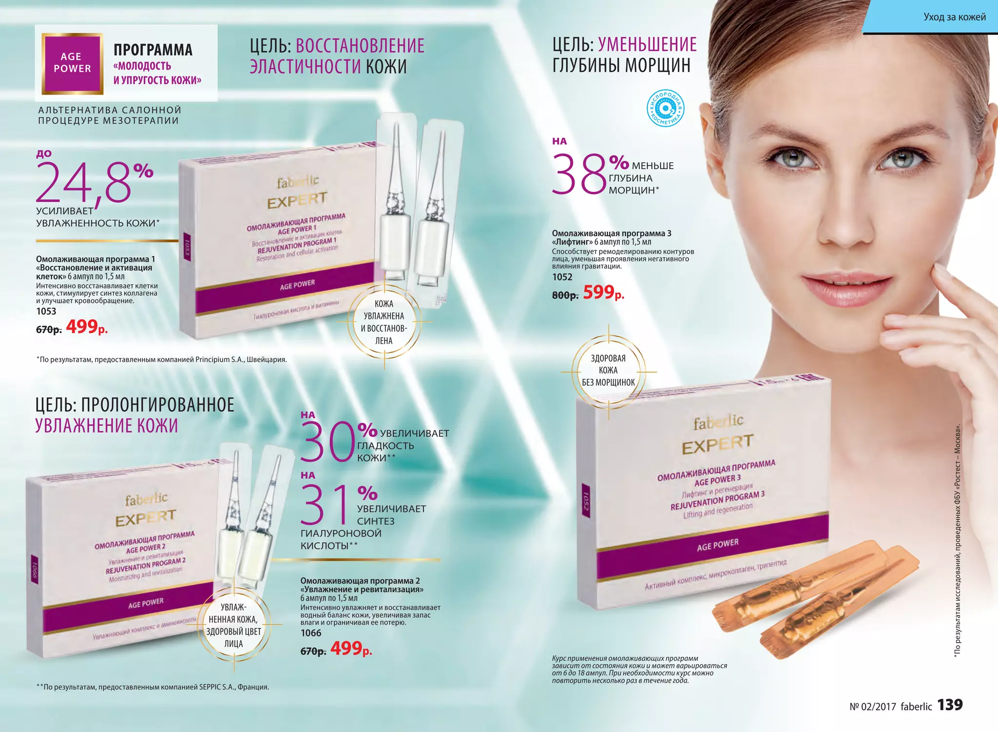 ПРОГРАММА
«МОЛОДОСТЬ
И УПРУГОСТЬ КОЖИ»
А ЛЬТЕРНАТИВА СА ЛОННОЙ
ПРОЦЕДУРЕ МЕЗОТЕРАПИИ
24,8%
УСИЛИВАЕТ
УВЛАЖНЕННОСТЬ КОЖИ*
Омолаживающая программа 1
«Восстановление и активация
клеток» 6 ампул по 1,5 мл
Интенсивно восстанавливает клетки
кожи, стимулирует синтез коллагена
и улучшает кровообращение.
1053
670р. 499р.
ДО
ЦЕЛЬ: ВОССТАНОВЛЕНИЕ
ЭЛАСТИЧНОСТИ КОЖИ
*По результатам, предоставленным компанией Principium S.A., Швейцария.
ЦЕЛЬ: ПРОЛОНГИРОВАННОЕ
УВЛАЖНЕНИЕ КОЖИ
Омолаживающая программа 2
«Увлажнение и ревитализация»
6 ампул по 1,5 мл
Интенсивно увлажняет и восстанавливает
водный баланс кожи, увеличивая запас
влаги и ограничивая ее потерю.
1066
670р. 499р.
30%УВЕЛИЧИВАЕТ
ГЛАДКОСТЬ
КОЖИ**
31%
УВЕЛИЧИВАЕТ
СИНТЕЗ
ГИАЛУРОНОВОЙ
КИСЛОТЫ**
НА
НА
**По результатам, предоставленным компанией SEPPIC S.A., Франция.
Курс применения омолаживающих программ
зависит от состояния кожи и может варьироваться
от 6 до 18 ампул. При необходимости курс можно
повторить несколько раз в течение года.
Омолаживающая программа 3
«Лифтинг» 6 ампул по 1,5 мл
Способствует ремоделированию контуров
лица, уменьшая проявления негативного
влияния гравитации.
1052
800р. 599р.
ЗДОРОВАЯ
КОЖА
БЕЗ МОРЩИНОК
38%МЕНЬШЕ
ГЛУБИНА
МОРЩИН*
НА
*Порезультатамисследований,проведенныхФБУ«Ростест–Москва».
ЦЕЛЬ: УМЕНЬШЕНИЕ
ГЛУБИНЫ МОРЩИН
КОЖА
УВЛАЖНЕНА
И ВОССТАНОВ-
ЛЕНА
УВЛАЖ-
НЕННАЯ КОЖА,
ЗДОРОВЫЙ ЦВЕТ
ЛИЦА
№ 02/2017 faberlic 139
Уход за кожей
 