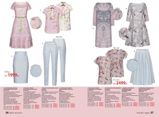 4. ЗАУЖЕННЫЕ БРЮКИ
ИЗ ЖАККАРДА «ФЛЕР-ДЕ-
ЛИС»
037W3203
Брюки со стрелками.
Функциональные карманы
по бокам. Центральная
застежка на молнии и крючке.
Цвет: серо-голубой.
Cостав: 59% вискоза,
41% полиэстер.
Размеры (длина по
внутреннему шву, см):
40, 42, 44 (77±2 см):		2599 р.
46, 48, 50 (77±2 см):		2799 р.
52, 54, 56 (77±2 см):		2999 р.
2. БЛУЗКА С ЖАБО
ИЗ КУТЮРНОЙ ОРГАНЗЫ
037W2602
Блузка прямого силуэта
с застежкой-планкой
на пуговицы. Двухслойные рюши
из органзы и принтованной ткани
с нашитыми пайетками. Воротник
с пристегивающимся бантом.
Цвет: молочный, светло-
сиреневый.
Cостав: 100% вискоза.
Размеры (длина по центру
спинки, см):
40, 42, 44 (61±1 см):		2699 р.
46, 48, 50 (63±1 см):		2899 р.
52, 54, 56 (65±1 см):		3099 р.
1.
2.
3.
4.
3. ЮБКА ИЗ ЖАККАРДА «ФЛЕР-
ДЕ-ЛИС»
037W3301
Юбка прямого силуэта. Застежка
на потайную молнию, шлица
сзади.
Цвет: серо-голубой.
Cостав: основная ткань –
59% вискоза, 41% полиэстер,
подкладка – 95% полиэстер,
5% эластан.
Размеры (длина по центру
переда, см):
40, 42, 44 (63±1 см):		1999 р.
46, 48, 50 (66±1 см):		2199 р.
52, 54, 56 (69±1 см):		2399 р.
5. ПЛАТЬЕ ИЗ АТЛАСА
С ПРИНТОМ И СТРАЗАМИ
037W4103
Платье прямого силуэта.
Застежка на потайную молнию
сбоку для размеров 52,54,56.
Цвет: лиловый.
Cостав: основная ткань –
97% полиэстер, 3% эластан,
подкладка – 100% вискоза.
Размеры (длина по центру
спинки, см):
40, 42, 44 (89±2 см):		3999 р.
46, 48, 50 (94±2 см):		4299 р.
52, 54, 56 (97±2 см):		4599 р.
8. ОБЪЕМНАЯ УДЛИНЕННАЯ
ЮБКА ИЗ ЖАККАРДА
«ФЛЕР-ДЕ-ЛИС»
037W3311
Расклешенная юбка. Застежка
на потайную молнию сзади.
Цвет: серо-голубой.
Cостав: основная ткань –
59% вискоза, 41% полиэстер,
подкладка – 100% полиэстер.
Размеры (длина по центру
переда, см):
40, 42, 44 (70±2 см):		2599 р.
46, 48, 50 (72±2 см):		2799 р.
52, 54, 56 (74±2 см):		2999 р.
1. КОКТЕЙЛЬНОЕ ПЛАТЬЕ
ИЗ КУТЮРНОЙ ОРГАНЗЫ
037W4108
Женственное платье из шифона
с нежным флоральным
узором в пастельных тонах
дополнено кутюрной детализацией:
рюши и многослойные воланы
из органзы.
Цвет: светло-сиреневый.
Cостав: основная ткань –
100% полиэстер, подкладка –
95% полиэстер, 5% эластан.
Размеры (длина по центру спинки,
см):
40, 42, 44 (106±2 см):		5999 р.
46, 48, 50 (111±2 см):		6299 р.
52, 54, 56 (116±2 см):		6599 р.
5.
6.
7.
8.
7. БЛУЗКА С ПРИНТОМ
И ШИФОНОВЫМИ
«КРЫЛЫШКАМИ»
037W2607
Блузка полуприлегающего
силуэта с рукавами-
крылышками из принтованного
шифона.
Цвет: пудровый.
Cостав: 100% вискоза.
Размеры (длина по центру
спинки, см):
40, 42, 44 (60±1 см):		2499 р.
46, 48, 50 (61±1 см):		2699 р.
52, 54, 56 (63±1 см):		2899 р.
6. ПЛАТЬЕ ИЗ ЖАККАРДОВОЙ
ОРГАНЗЫ
037W4113
Платье приталенного силуэта.
Застежка на потайную молнию
сбоку.
Цвет: розово-серый.
Cостав: основная ткань –
70% полиэстер, 30% нейлон,
подкладка – 97% полиэстер,
3% эластан.
Размеры (длина по центру
спинки, см):
40, 42, 44 (95±2 см):		5599 р.
46, 48, 50 (99±2 см):		5899 р.
52, 54, 56 (105±2 см):		6199 р.
П
ринт на ткани
Стразы
Жакка
рдовый узор
Блузка
от 2499р.
Юбка
от 1999р.
Ж
аккардовая ткан
ь
Ж
аккардовая ткан
ь
Вид сзади
Вид сзади
26 faberlic № 03/2017 № 03/2017 faberlic 27
 