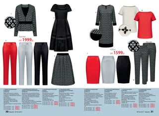 1.
3.
4.
2.
2. КОКТЕЙЛЬНОЕ ПЛАТЬЕ ИЗ
АТЛАСА И КУТЮРНОЙ ОРГАНЗЫ
037W4109
Удлиненное платье приталенного
силуэта. U-образный вырез, рукава
и низ юбки декорированы сеткой
и органзой. Застежка на потайную
молнию сбоку.
Цвет: черный.
Cостав: основная ткань –
95% полиэстер, 5% эластан, подкладка
– 95% полиэстер, 5% эластан.
Размеры (длина по центру спинки, см):
40, 42, 44 (106±2 см):		5999 р.
46, 48, 50 (111±2 см):		6299 р.
52, 54, 56 (116±2 см):		6599 р.
3. ЗАУЖЕННЫЕ АТЛАСНЫЕ
БРЮКИ
037W3202
Центральная застежка
на молнии и крючке.
Цвет: красный, серый, черный.
Cостав: 97% полиэстер,
3% эластан.
Размеры (длина по
внутреннему шву, см):
40, 42, 44 (77±2 см):		1999 р.
46, 48, 50 (77±2 см):		2199 р.
52, 54, 56 (77±2 см):		2399 р.
4. ОБЪЕМНАЯ ЮБКА
ИЗ ЖАККАРДА И БАРХАТА
037W3302
Расклешенная юбка с поясом
из бархата. Застежка
на потайную молнию сзади.
Цвет: черный.
Cостав: 97% полиэстер,
3% эластан.
Размеры (длина по центру
переда, см):
40, 42, 44 (70±2 см):		2599 р.
46, 48, 50 (72±2 см):		2799 р.
52, 54, 56 (74±2 см):		2999 р.
1. ЖАКЕТ ИЗ ЖАККАРДА
И БАРХАТА
037W2102
Жакет приталенного силуэта
с баской и несъемным поясом
из бархата. Центральная застежка
на крючки.
Цвет: черный.
Cостав: основная ткань –
97% полиэстер, 3% эластан,
подкладка – 96% полиэстер,
4% эластан.
Размеры (длина по центру спинки,
см):
40, 42, 44 (64±1 см):		3599 р.
46, 48, 50 (65±1 см):		3899 р.
52, 54, 56 (66±1 см):		4199 р.
7. АТЛАСНАЯ ЮБКА
037W3306
Юбка прямого силуэта. Застежка
на потайную молнию, шлица
сзади.
Цвет: черный, серый, красный.
Cостав: основная ткань –
97% полиэстер, 3% эластан,
подкладка – 96% полиэстер,
4% эластан.
Размеры (длина по центру
переда, см):
40, 42, 44 (63±1 см):		1599 р.
46, 48, 50 (66±1 см):		1799 р.
52, 54, 56 (69±1 см):		1999 р.
6. БЛУЗКА РУЧНОЙ РАБОТЫ
СО СТРАЗАМИ
037W2601
Блузка прямого силуэта
из шелковистой ткани.
Цвет: белый, красный.
Cостав: 100% вискоза.
Размеры (длина по центру
спинки, см):
40, 42, 44 (58±1 см):		2499 р.
46, 48, 50 (62±1 см):		2699 р.
52, 54, 56 (66±1 см):		2899 р.
5.
6.
7.
8.
Отделкабархат
ной тканью
Декоризс
т
раз
5. ПЛАТЬЕ ИЗ ЖАККАРДА
И БАРХАТА
037W4112
Платье приталенного силуэта
с черным бархатным кантом по низу.
Укороченные рукава с отворотом
по низу из бархата и сетки. Застежка
на потайную молнию сзади.
Цвет: черный.
Cостав: основная ткань –
97% полиэстер, 3% эластан,
подкладка – 96% полиэстер,
4% эластан.
Размеры (длина по центру спинки,
см):
40, 42, 44 (95±2 см):		3599 р.
46, 48, 50 (98±2 см):		3899 р.
52, 54, 56 (101±2 см):		4199 р.
8. ЗАУЖЕННЫЕ БРЮКИ
ИЗ ЖАККАРДА
037W3201
Укороченные брюки.
Функциональные карманы
по бокам. Центральная застежка
на молнии и крючке.
Цвет: черный.
Cостав: 97% полиэстер,
3% эластан.
Размеры (длина по внутреннему
шву, см):
40, 42, 44 (68±2 см):		2599 р.
46, 48, 50 (68±2 см):		2799 р.
52, 54, 56 (68±2 см):		2999 р.
Юбка
от 1599р.
Вид сзади
Жакк
ардовая ткань
Жакк
ардовая ткань
Брюки
от 1999р.
30 faberlic № 03/2017 № 03/2017 faberlic 31
 