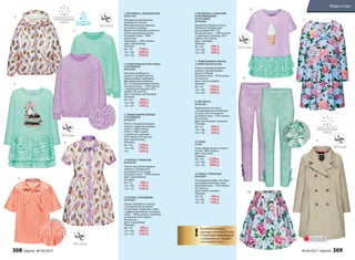 1. ВЕТРОВКА С КАПЮШОНОМ
047G1103
Ветровка средней длины
свободного силуэта.
Функциональные карманы
на молнии спереди.
Водоотталкивающая пропитка.
Светоотражающие детали.
Основная ткань – 100%
полиэстер.
Подкладка – 100% хлопок.
Цвет: мультиколор.
Размеры:
98–116:	 1799 р.
122–146:	 2099 р.
152–170:	 2399 р.
2. ТРИКОТАЖНАЯ ТОЛСТОВКА
С КРУЖЕВОМ
047G2501
Толстовка свободного
силуэта с рукавом реглан.
Перед украшен кружевом.
Для маленьких размеров
98–110 предусмотрена кнопка.
Основная ткань – 100% хлопок
с отделкой из кружева, 92%
нейлон, 8% эластан.
Цвет: лиловый, ментоловый.
Размеры:
98–116:	 899 р.
122–146:	 1099 р.
152–170:	 1299 р.
3. ТРИКОТАЖНОЕ ПЛАТЬЕ
С КРУЖЕВОМ
047G4101
Платье полуприлегающего
силуэта с принтом спереди.
ткань 1: 100% хлопок.
Ткань 2: 100% хлопок
с отделкой из кружева –
92% нейлон, 8% эластан.
Цвет: ментоловый.
Размеры:
98–116:	 1299 р.
122–146:	 1499 р.
152:	 1699 р.
4. ПЛАТЬЕ С ПРИНТОМ
047G4102
Платье полуприлегающего
силуэта с центральной
застежкой на пуговицы.
Основная ткань – 100% хлопок.
Цвет: мультиколор.
Размеры:
98–116:	 999 р.
122–146:	 1199 р.
152–170:	 1399 р.
5. БЛУЗКА С КРУЖЕВОМ
047G2601
Блузка свободного силуэта
с центральной застежкой
на пуговицы. Воротник стойка
с эффектным бантом. Основная
ткань – 100% хлопок с отделкой
из кружева 92% нейлон,
8% эластан.
Цвет: персиковый.
Размеры:
98–116:	 899 р.
122–146:	 1099 р.
152–170:	 1299 р.
6. ФУТБОЛКА С ПРИНТОМ
И АППЛИКАЦИЕЙ
ИЗ КРУЖЕВА
047G2902
Кружевная оборка по низу.
Кнопки в плечевом шве
для размеров 98–116.
Основная ткань – 100% хлопок
с отделкой из кружева, 92%
нейлон, 8% эластан.
Цвет: лиловый.
Размеры:
98–116:	 499 р.
122–146:	 599 р.
152–170:	 699 р.
7. ТРИКОТАЖНОЕ ПЛАТЬЕ
С ПРИНТОМ 047G4104
Платье полуприлегающего
силуэта с декоративным
бантом спереди.
Основная ткань – 95% хлопок,
5% эластан.
Цвет: светло-голубой.
Размеры:
98–116:	 1299 р.
122–146:	 1499 р.
152–170:	 1699 р.
8. ЛЕГГИНСЫ
047G3501
Трикотажные леггинсы
с декоративными бантиками
по низу. Пояс на резинке.
Основная ткань – 95% хлопок,
5% эластан.
Цвет: ментоловый, лиловый.
Размеры:
98–116:	 449 р.
122–146:	 549 р.
152–170:	 649 р.
9. ПЛАЩ
D1201
Плащ прилегающего силуэта.
Состав: 100% хлопок.
Цвет: песочный.
Размеры:
98–116: 2299 р.
122–146:	 2599 р.
152–170:	 2899 р.
10. ЮБКА С ПРИНТОМ
047G3301
Расклешенная юбка. Застежка
на потайную молнию сзади.
Основная ткань – 97% хлопок,
3% эластан.
Цвет: светло-голубой.
Размеры:
98-116:	 999 р.
122-146:	 1199 р.
152-170: 	 1399 р.
6.
5.
8.
9.
10.
1.
3.
2.
7.
4.
От
делкаизкружева
Отделка
изкружева
Декорат
ивныебанты
!
Возможен возврат
одежды в течение 21 дня.
Подробную информацию
о размерах см. на сайте
www.faberlic.com
! ОГРАНИЧЕНО!
количество
308 faberlic № 04/2017 № 04/2017 faberlic 309
Мода и стиль
 