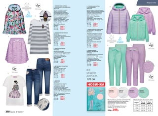 SD128
розовый
1. УТЕПЛЕННАЯ КУРТКА
С ВОЛАНАМИ И КАПЮШОНОМ
047G1102
Куртка полуприлегающего
силуэта средней длины.
Функциональные карманы
на потайной молнии спереди.
Отстегивающийся капюшон.
Водоотталкивающая пропитка.
Светоотражающие детали.
Основная ткань – 100%
полиэстер. Подкладка – 100%
хлопок. Утеплитель – 100%
полиэстер (200 г синтепон,
от +5˚С до -5˚С).
Цвет: светло-голубой.
Размеры:
98–116:	 2699 р.
122–146:	 2999 р.
152–170:	 3299 р.
2. ТРИКОТАЖНОЕ ПЛАТЬЕ
047G4103
Платье прямого силуэта
с нашивкой и функциональными
карманами спереди.
Состав: 100% хлопок.
Цвет: белый.
Размеры:
98–116:	 999 р.
122–146:	 1199 р.
152–170:	 1399 р.
3. ЮБКА ИЗ КРУЖЕВА
047G3303
Расклешенная юбка
с декоративным бантом спереди.
Основная ткань – 100% хлопок
с отделкой из кружева –
92% нейлон, 8% эластан.
Цвет: лиловый.
Размеры:
98–116:	 799 р.
122–146:	 999 р.
152–170:	 1199 р.
4. ФУТБОЛКА С ПРИНТОМ
047G2901
Кнопки в плечевом шве
для размеров 98–116.
Состав: 100% хлопок.
Цвет: молочный.
Размеры:
98–116: 299 р.
122–146:	 399 р.
152–170:	 499 р.
5. ДЖИНСЫ
047G3101
Джинсы прямого силуэта
с отделкой из кружева
на переднем кармане
и отворотах по низу. Утяжки
в поясе для регулировки
объема по талии. Для маленьких
размеров 98–110 предусмотрена
кнопка.
Состав: 98% хлопок, 2% эластан.
Цвет: светлый индиго.
Размеры:
98–116: 1299 р.
122–146:	 1499 р.
152–170:	 1699 р.
6. УТЕПЛЕННАЯ КУРТКА
С КАПЮШОНОМ
047G1105
Куртка прямого силуэта средней
длины. Функциональные карманы
спереди. Водоотталкивающая
пропитка. Светоотражающие
детали. Основная ткань –
100% нейлон. Подкладка –
100% хлопок.
Утеплитель – 100% полиэстер
(200 г синтепон, от +5˚С до -5˚С).
Цвет: лиловый.
Размеры:
98–116: 1999 р.
122–146:	 2299 р.
152–170:	 2599 р.
7. ТРИКОТАЖНАЯ ТОЛСТОВКА
НА МОЛНИИ С КРУЖЕВОМ
047G2101
Толстовка свободного силуэта
с капюшоном. Перед украшен
кружевом. Функциональные
карманы спереди. Основная
ткань – 100% хлопок, отделка
из кружева – 92% нейлон,
8% эластан.
Цвет: ментоловый, лиловый.
Размеры:
98–116: 1499 р.
122–146:	 1699 р.
152–170:	 1899 р.
8. ТРИКОТАЖНЫЕ
БРЮКИ С КРУЖЕВОМ
047G3202
Спортивные брюки с кружевом
спереди и лампасами.
Основная ткань – 100% хлопок
с отделкой из кружева –
92% нейлон, 8% эластан.
Цвет: ментоловый, лиловый.
Размеры:
98–116:	 1299 р.
122–146:	 1499 р.
152–170:	 1699 р.
4.
7.
8.
2.
1.
3.
6.
Наш
ивка
4.
5.
Отделка из
кружева
Отделка из
кружева
ВСЕ
МОДЕЛИ
ДО РОСТА
170 см
Фантазийные детские колготки 20 den
Удобные детские колготки с цветочным
жаккардовым узором по всей ноге.
Широкий пояс, укрепленный мысок,
плоские швы.
Состав: 85% полиамид, 15% эластан.
Размеры: 98-110, 116-128, 134-146.
330р. 249р.
SD127
белый
SD129
лиловый
SD130
мятный
Возраст Рост,см
(размер)
Обхват
бедер,см
3–5лет 98–110 60–64
6–8лет 116–128 66–70
9–11лет 134–140 72–78
Таблица размеров для колготок 20 den
НОВИНКА
310 faberlic № 04/2017
Мода и стиль
 