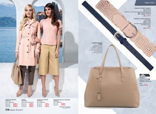 РЕМЕНЬ НА ТАЛИЮ «РИШЕЛЬЕ»
Цвет: серый.
Длина: 112 см
Ширина: 2,3 cм
Материал: cплав недрагоценных
металлов, экокожа.
9946
650 р. 499 р.
РЕМЕНЬ НА ТАЛИЮ «МАДЛЕН»
Цвет: бежевый.
Ширина: 7,5 см
Материал: cплав недрагоценных металлов, экокожа.
9963 – размер S/M (85 см)
9961 – размер L/XL (97 см)
800 р. 599 р.
ПЛАЩ С КРУЖЕВОМ
047W1201
Цвет: пудровый.
40, 42, 44:	 3699 р.
46, 48, 50:	 3999 р.
52, 54, 56:	 4299 р.
БРЮКИ
047W3204
Цвет: серо-коричневый.
40, 42, 44:	 1699 р.
46, 48, 50:	 1899 р.
52, 54, 56:	 2099 р.
БЛУЗКА ИЗ КРУЖЕВА
047W2602
Цвет: пудровый.
40, 42, 44:	 999 р.
46, 48, 50:	 1199 р.
52, 54, 56:	 1399 р. Подробнее о моделях
на стр. 326–327
БРЮКИ-КЮЛОТЫ ИЗ ЭКОКОЖИ
047W3201
Цвет: пудровый.
40, 42, 44:	 2599 р.
46, 48, 50:	 2799 р.
СУМКА «АРИЦИЯ»
Внутренний карман
на молнии.
Размеры:
42 см х 14 см х 30 см
Материал: экокожа.
Подкладка: полиэстер.
9951
2300 р. 1799 р.
УНИВЕРСАЛЬНАЯ
СУМКА
нейтрального
цвета отлично
подойдет к одежде
разных оттенков
и станет стильным
дополнением
к любому образу.
316 faberlic № 04/2017
Мода и стиль
 