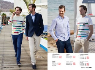 1. ВЯЗАНЫЙ ДЖЕМПЕР
057M2301
42, 44, 46 (66±1 см):		1699 р.
48, 50, 52 (69±1 см):		1899 р.
54, 56, 58 (72±1 см):		2099 р.
2. БРЮКИ
047M3201
42,44,46 (80±2 см): 1199 р.
48,50,52 (80±2 см): 1399 р.
54,56,58 (80±2 см): 1599 р.
(см. стр. 248)
3. ПИДЖАК
057M2101
42, 44, 46 (70±2 см):		3599 р.
48, 50, 52 (73±2 см):		3899 р.
54, 56, 58 (76±2 см):		4199 р.
5. РУБАШКА С НАБИВНЫМ
РИСУНКОМ
057M2603
42, 44, 46 (72±1 см):		1399 р.
48, 50, 52 (75±1 см):		1599 р.
54, 56, 58 (78±1 см):		1799 р.
4. БРЮКИ С РЕМНЕМ
057M3201
42, 44, 46 (82±2 см):		1399 р.
48, 50, 52 (82±2 см):		1599 р.
54, 56, 58 (82±2 см):		1799 р.
6. ФУТБОЛКА С ПРИНТОМ
И ВЫШИВКОЙ
057M2903
42, 44, 46 (66±1 см):		499 р.
48, 50, 52 (69±1 см):		599 р.
54, 56, 58 (73±1 см):		699 р.
Подробнее о моделях
на стр. 287–289
Брюки
от 1399р.
Футболка
от 499р.1.
2.
3.
4.
5. 6.
280 faberlic № 05/2017 № 05/2017 faberlic 281
Мода и стиль
 