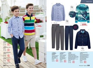 1. РУБАШКА
С НАБИВНЫМ РИСУНКОМ
057B2601
98–116:	 999 р.
122–146:	 1199 р.
152–170:	 1399 р.
2. БРЮКИ
057B3201(ЦВЕТ: ТЕМНО-
СИНИЙ)
98–116:	 999 р.
122–146:	 1199 р.
152–170:	 1399 р.
3. ТРИКОТАЖНОЕ ПОЛО
«ПИКЕ» В ПОЛОСКУ
057B2802
98–116:	 549 р.
122–146:	 649 р.
152–170:	 749 р.
4. ШОРТЫ С РЕМНЕМ
057B3401
98–116:	 799 р.
122–146:	 999 р.
152–170:	 1199 р.
Подробнее о моделях
на стр. 323–325
4. ДЖИНСОВАЯ КУРТКА
047B2101
Джинсовая куртка прямого
силуэта. Центральная застежка
на металлических пуговицах.
Для маленьких размеров
98-110 предусмотрена кнопка.
Функциональные карманы
по бокам и на груди.
Цвет: темный индиго.
Состав: 100% хлопок.
Размеры:
98–116:	 1699 р.
122–146:	 1899 р.
152–170:	 2099 р.
3. БРЮКИ
057B3201
Брюки прямого силуэта
с отворотами по низу.
Функциональные карманы
по бокам и сзади. Утяжки в поясе
для регулировки объема по талии.
Для маленьких размеров 98-110
предусмотрена кнопка.
Цвет: темно-синий, темно-серый.
Состав: 100% хлопок.
Размеры:
98–116:	 999 р.
122–146:	 1199 р.
152–170:	 1399 р.
1. РУБАШКА
С НАБИВНЫМ
РИСУНКОМ
057B2601
Классическая рубашка
с функциональным
карманом на груди.
Цвет: голубой.
Состав: 100% хлопок.
Размеры:
98–116:	 999 р.
122–146:	 1199 р.
152–170:	 1399 р.
2. ТРИКОТАЖНАЯ
ТОЛСТОВКА
057B2502
Толстовка свободного
силуэта с объемным
принтом. Кнопки
в плечевом шве
для размеров 98-116.
Цвет: ярко-синий.
Состав: 100% хлопок.
Размеры:
98–116:	 899 р.
122–146:	 1099 р.
152–170:	 1299 р.
4.
1.
3.
2.
Толстовка
от 899р.
Объемныйпр
инт
Выши
вканакармане
Вид сзади
1.
2.
3.
4.
Поло
от 549р.
322 faberlic № 05/2017 № 05/2017 faberlic 323
Мода и стиль
 