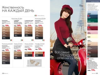 SI400
песочный
SI401
карамельный
SI402
бронзовый
SI403
черный
SI404
капучино
Классические
Состав: 84% полиамид,
16% эластан.
Размеры: II(S), III(M), IV(L),
V(XL).
300р. 229р.
HC021
молочный
Водолазка
Цвет: голубой, синий,
темный изумруд, серый,
бордовый, розовый, ваниль,
молочный, какао, шоколад,
черный. Состав: 95% вискоза­,
5% эластан. Цвет: коричневый­
меланж. Состав: 74% вискоза,
18% полиэстер­, 8% эластан.
Размеры: S(42-44), M(44-46),
L(46-48), XL(48-50), XXL(50-52).
1000р. 799р.
Водолазка – вещь
универсальная.
Пополни гардероб сразу
несколькими, сочетай
их с разным низом
и наслаждайся полной
гаммой эмоций и образов!
HC013
серый
HC016
темный изумруд
HC008
синий
HC0027
голубой
НС017
бордовый
HC011
розовый
HC010
какао
HC001
ваниль
HC019
коричневый
меланж
HC022
шоколад
HC009
черный
HC017
БОРДОВЫЙ
ОГРАНИЧЕНО!
количество
Все самые
оттенки сезона
ТРЕНДОВЫЕ
Состав: 85% полиамид,
15% эластан; круже-
во – 70% полиамид,
30% эластан.
Размеры: S, M, L, XL.
400р. 329р.
Чулки 20 den
ST414
черный
ST415
телесный
ST416
бронзовый
ST417
дымчатый
ST418
кофейный
Классические
Состав: 85% полиамид,
15% эластан.
Размеры: XS/S, M/L, L/XL.
230р. 169р.
Женственность
НА КАЖДЫЙ ДЕНЬ
Классические
Состав: 86% полиамид,
14% эластан.
Размеры: II(S), III(M), IV(L),
V(XL).
270р. 199р.
SI200
песочный
SI201
карамельный
SI202
бронзовый
SI203
черный
SI204
капучино
SL202
черный
SL203
бежевый
SL201
бронзовый
Состав: 85% полиамид,
15% эластан.
Размер: единый.
140р. 109р.
SO200
бежевый
SO200
черный
2 пары
в упаковке
Носки 20 den
Состав: 85% полиамид,
15% эластан.
Размер: единый.
170р. 129р.
SB200
бежевый
SB200
черный
2 пары
в упаковкеГольфы 20 denКолготки 40 den
Колготки 40 den
SI216
песочный
SI218
карамель
SI217
бронзовый
SI215
черный
С заниженной талией
Состав: 90% полиамид,
10% эластан­.
Размеры: II(S), III(M), IV(L),
V(XL).
300р. 229р.
Колготки 20 den
C ажурными
трусиками
Состав: 82% полиамид,
15% эластан, 3% хлопок.
Размеры: II(S), III(M), IV(L).
350р. 269р.
SI211
черный
SI212
песочный
SI214
карамельный
SI213
бронзовый
– сделано в Италии
204 №05/2019 №05/2019 205
МОДА И СТИЛЬ
 