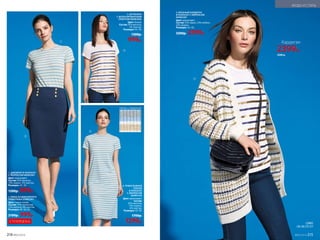 1. ДЖЕМПЕР В ПОЛОСКУ
С ЛЮРЕКСОМ 069W2901
Цвет: мультицвет.
Состав: 82% вискоза,
14% люрекс, 4% эластан.
Размеры: 42–50.
1200р. 899р.
2. ЮБКА ИЗ ФАКТУРНОГО
ТРИКОТАЖА 058W3301
Цвет: темно-синий.
Состав: 74% полиэстер,
22% вискоза, 4% эластан.
Размеры: 40–50, 56.
2100р. 999р.
4. ТРИКОТАЖНОЕ
ПЛАТЬЕ
В ПОЛОСКУ
С ЛЮРЕКСОМ
069W4105
Цвет: мультицвет.
Состав:
82% вискоза,
14% люрекс,
4% эластан.
Размеры: 42–50.
1700р.
1299р.
5. ВЯЗАНЫЙ КАРДИГАН
В ПОЛОСКУ С ЛЮРЕКСОМ
069W2401
Цвет: мультицвет.
Состав: 43% акрил, 23% нейлон,
34% люрекс.
Размеры: 42–50.
3200р. 2399р.
1
2
3
4
5
ткань с люрексом
СУПЕРЦЕНА
3. ФУТБОЛКА
С ФОЛЬГИРОВАННЫМ
ПРИНТОМ 069W2905
Цвет: белый.
Состав: 95% вискоза,
5% эластан.
Размеры: 42–50.
1300р.
999р.
СУМКУ
СМ. НА СТР. 217
Кардиган
2399р.
3200 р.
214 №05/2019
МОДА И СТИЛЬ
№05/2019 215
 