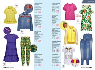 6. ТРИКОТАЖНОЕ
ПЛАТЬЕ С НАБИВНЫМ
РИСУНКОМ
067G4101
Платье свободного
силуэта с открытыми
плечами и воланами
на рукавах.
Цвет: белый.
Состав: 95% хлопок,
5% эластан.
Размеры:
98–116:	 899 р.
122–146:	 1099 р.
152–170:	 1299 р.
3. ЯРУСНОЕ ПЛАТЬЕ
С ДЕКОРАТИВНОЙ
ТЕСЬМОЙ
067G4103
Платье свободного силуэта.
Застежка на потайную
молнию сзади.
Цвет: фиолетовый.
Состав: основная ткань –
100% хлопок; подкладка –
100% хлопок.
Размеры:
98–116:	 1699 р.
122–146:	 1899 р.
152–170:	 2099 р.
4. БРЮКИ ИЗ ВИСКОЗЫ
С ТРОПИЧЕСКИМ
РИСУНКОМ
067G3201
Свободные брюки
с резинкой по низу. Пояс
на резинке и шнурком
для регулирования объема
по талии. Функциональные
карманы по бокам.
Цвет: мультиколор.
Состав: 100% вискоза.
Размеры:
98–116:	 1399 р.
122–146:	 1599 р.
152–170:	 1799 р.
Вышивка
Декоративная
тесьма
Декоративные
кисточки
Д
екоративные кисточк
и
1.
2.
3.
4.
5.
6.
9.
8.
Т
есьма
2. ДЖИНСОВАЯ КУРТКА
С ВЫШИВКОЙ
067G2101
Куртка прямого силуэта
с разноцветными
кисточками спереди.
Центральная
застежка на пуговицы.
Функциональные карманы
спереди. Для маленьких
размеров 98–110
предусмотрена кнопка.
Цвет: голубой.
Состав: 100% хлопок.
Размеры:
98–116:	 1699 р.
122–146:	 1899 р.
152–170:	 2099 р. 7. БОМБЕР НА МОЛНИИ
С ВЫШИВКОЙ
067G2501
Бомбер свободного
силуэта. Функциональные
карманы спереди.
Цвет: желтый.
Состав: основная
ткань – 100% полиэстер;
подкладка –
100% вискоза.
Размеры:
98–116:	 1599 р.
122–146:	 1799 р.
152–170:	 1999 р.
8. ФУТБОЛКА С ПРИНТОМ
И КИСТОЧКАМИ
067G2905
Футболка прямого
силуэта с разноцветными
кисточками спереди.
Кнопки в плечевом шве
для размеров 98–116.
Цвет: белый.
Состав: 100% хлопок.
Размеры:
98–116:	 399 р.
122–146:	 499 р.
152–170:	 599 р.
9. УЗКИЕ ДЖИНСЫ
067G3101
Утяжки в поясе
для регулировки объема
по талии. Центральная
застежка на молнии
и пуговице. Для маленьких
размеров 98–110
предусмотрена кнопка.
Цвет: голубой.
Состав: 87% хлопок,
11% полиэстер, 2% эластан.
Размеры:
98–116:	 1299 р.
122–146:	 1499 р.
152–170:	 1699 р.
5. БЛУЗКА С КРУЖЕВОМ
И КИСТОЧКАМИ
067G2601
Блузка свободного
силуэта. Круглый вырез
на кулиске со шнурком.
Цвет: фуксия.
Состав: 100% хлопок.
Размеры:
98–116:	 899 р.
122–146:	 999 р.
152–170:	 1099 р.
1. БЛУЗКА С ВОЛАНАМИ
И ВЫШИВКОЙ
067G2602
Блузка прямого силуэта
с воланами по низу.
Центральная застежка
на пуговицы.
Цвет: желтый.
Состав: 100% хлопок.
Размеры:
98–116:	 999 р.
122–146:	 1099 р.
152–170:	 1199 р.
7.
Вид сзади
Платье
от 899р.
292 faberlic № 07/2017 № 07/2017 faberlic 293
Мода и стиль
 