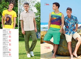 2. РУБАШКА С НАКЛАДНЫМИ
КАРМАНАМИ
067M2602
42, 44, 46 (72±1 см):	 1599 р.
48, 50, 52 (75±1 см):	 1799 р.
54, 56, 58 (78±1 см):	 1999 р.
1. ФУТБОЛКА С ПРИНТОМ
067M2903
42, 44 ,46 (67±1 см):	 599 р.
48, 50, 52 (69±1 см):	 699 р.
54, 56, 58 (73±1 см):	 799 р.
6. ГАВАЙСКАЯ РУБАШКА
С ТРОПИЧЕСКИМ ПРИНТОМ
067M2601
42, 44, 46 (72±1 см):	 1599 р.
48, 50, 52 (75±1 см):	 1799 р.
54, 56, 58 (78±1 см):	 1999 р.
4. МАЙКА С ПРИНТОМ
067M2201
42, 44, 46 (65±1 см):	 499 р.
48, 50, 52 (68±1 см):	 599 р.
54, 56, 58 (72±1 см):	 699 р.
1.
3. БРЮКИ-КАРГО
067M3201
42, 44, 46 (80±2 см):	 1799 р.
48, 50, 52 (80±2 см):	 1999 р.
54, 56, 58 (80±2 см):	 2199 р.
5.
6.
5. ШОРТЫ-КАРГО
067M3401
Цвет: светло-зеленый,
светло-песочный.
42, 44, 46 (28±1 см):	 1399 р.
48, 50, 52 (28±1 см):	 1599 р.
54, 56, 58 (28±1 см):	 1799 р.
2.
3.
4.
Майка
от 499р.
Шорты-карго
от 1399р.
Подробнее о моделях на стр. 8–9
№ 07/2017 faberlic 7
 