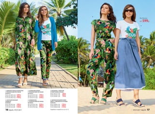 3. ЗАУЖЕННЫЕ БРЮКИ
С ТРОПИЧЕСКИМ РИСУНКОМ
067W3201
40, 42, 44 (77±2 см):	 1999 р.
46, 48, 50 (77±2 см):	 2199 р.
52, 54, 56 (77±2 см):	 2399 р.
2. АЖУРНЫЙ ВЯЗАНЫЙ
КАРДИГАН
067W2401
40, 42, 44 (70±2 см):	 1999 р.
46, 48, 50 (71±2 см):	 2199 р.
52, 54, 56 (73±2 см):	 2399 р.
1. ДЛИННОЕ ПЛАТЬЕ ИЗ ВИСКОЗЫ
С ТРОПИЧЕСКИМ РИСУНКОМ
067W4101
40, 42, 44 (138±2 см):	 3599 р.
46, 48, 50 (139±2 см):	 3899 р.
52, 54, 56 (140±2 см):	 4199 р.
4. КОМБИНЕЗОН
С ТРОПИЧЕСКИМ РИСУНКОМ
067W4201
40, 42, 44 (76±2 см):	 3599 р.
46, 48, 50 (76±2 см):	 3899 р.
52, 54, 56 (76±2 см):	 4199 р.
5. ФУТБОЛКА С ПРИНТОМ
И ПАЙЕТКАМИ 067W2901
40, 42, 44 (57±1 см):	 599 р.
46, 48, 50 (58±1 см):	 699 р.
52, 54, 56 (60±1 см):	 799 р.
6. УДЛИНЕННАЯ ДЖИНСОВАЯ
ЮБКА С ОТДЕЛКОЙ ИЗ КРУЖЕВА
067W3301
40, 42, 44 (80±2 см):	 1799 р.
46, 48, 50 (81±2 см):	 1999 р.
52, 54, 56 (83±2 см):	 2199 р.
1.
3.
2.
4.
5.
6.
Футболка
от 599р.
Подробнее о моделях на стр. 20–23
16 faberlic № 07/2017 № 07/2017 faberlic 17
 