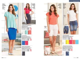 черный
1. БЛУЗКА В ГОРОШЕК 068W2601
Свободный силуэт, V-образный вырез,
цельнокроенные рукава.
Состав: 100% вискоза.
Размеры (длина по центру спинки):
40, 42, 44 (60±1 см):	 1300 р.	 999 р.
46, 48, 50 (61±1 см):	 1600 р.	 1199 р.
52, 54, 56 (62±1 см):	 1900 р.	 1399 р.
2. ЮБКА 068W3301
Прямой силуэт. Трикотаж. Пояс
на эластичной резинке. Без застежки.
Состав: 95% хлопок, 5% эластан.
Размеры (длина по центру переда):
40, 42, 44 (56±1 см):	 900 р.	 699 р.
46, 48, 50 (59±1 см):	 1100 р.	 799 р.
52, 54, 56 (62±1 см):	 1300 р.	 899 р.
3. ЮБКА В ПОЛОСКУ 068W3302
Прямой силуэт. Трикотаж. Пояс
на эластичной резинке. Без застежки.
Состав: 95% хлопок, 5% эластан.
Размеры (длина по центру переда):
40, 42, 44 (56±1 см):	 1100 р.	 799 р.
46, 48, 50 (59±1 см):	 1300 р.	 899 р.
52, 54, 56 (62±1 см):	 1500 р.	 999 р.
5. ДЖИНСОВЫЕ ШОРТЫ 068W3402
Пять карманов. Эластичный стираный
деним. Застежка на молнию и пуговицу.
Состав: 97% хлопок, 3% эластан.
Размеры (длина по внутреннему шву):
40, 42, 44 (24±1 см):	 1700 р.	 1299 р.
46, 48, 50 (24±1 см):	 2000 р.	 1499 р.
52, 54, 56 (24±1 см):	 2300 р.	 1699 р.
4. ФУТБОЛКА 068W2902
Модный свободный силуэт, круглый вырез,
короткие рукава. Состав­: 100% хлопок.
Размеры (длина по центру спинки):
40, 42, 44 (59±1 см):	 500 р.	 399 р.
46, 48, 50 (62±1 см):	 650 р.	 499 р.
52, 54, 56 (65±1 см):	 800 р.	 599 р.
белыйярко-голубой
белыйбелый
ярко-желтый
ягодный
персиковый
голубой
ментоловыйягодный
синий
персиковый
1
2
4
3
4
5
4
5
БЛУЗКА
068W2601,
МЕНТОЛОВАЯ
ЮБКА
068W3301,
ЯРКО-
ГОЛУБАЯ
ФУТБОЛКА
068W2902,
ЯГОДНАЯ
ЮБКА
068W3302,
ЧЕРНАЯ
ФУТБОЛКА
068W2902,
ПЕРСИКОВАЯ
ШОРТЫ
068W3402,
БЕЛЫЕ
ФУТБОЛКА
068W2902,
БЕЛАЯ
ШОРТЫ
068W3402,
СИНИЕ
вид сзади
вид сзади
Юбка
от 699р.
900 р.
262 №07/2018 №07/2018 263
МОДА И СТИЛЬ
 