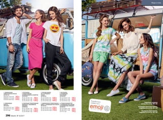 4.
5.
3.
6.
8.
7.
1.
2.
7. УДЛИНЕННАЯ ТРИКОТАЖНАЯ
ЮБКА С НАБИВНЫМ РИСУНКОМ
087W3301
40, 42, 44 (101±2 см):	1399 р.
46, 48, 50 (101±2 см):	1599 р.
52, 54, 56 (101±2 см):	1799 р.
6. АЖУРНЫЙ ТРИКОТАЖНЫЙ
ДЖЕМПЕР С ВЫШИВКОЙ
ЭМОДЖИ
087W2302
40, 42, 44 (56±1 см):	 999 р.
46, 48, 50 (57±1 см):	 1199 р.
52, 54, 56 (58±1 см):	 1399 р.
1. УДЛИНЕННОЕ
ТРИКОТАЖНОЕ ПЛАТЬЕ
087W4102
40,42,44 (114±2 см):	 999 р.
46,48,50 (117±2 см):	 1199 р.
52,54,56 (120±2 см):	 1399 р.
8. ТРИКОТАЖНЫЙ ТОП
С НАБИВНЫМ РИСУНКОМ
И НАШИВКАМИ ЭМОДЖИ
087W2201
40, 42, 44 (64±1 см):	 599 р.
46, 48, 50 (67±1 см):	 699 р.
52 (71±1 см):	 799 р.
5. СВОБОДНЫЕ
ШОРТЫ
087W3401
40, 42, 44 (12±1 см):	 1299 р.
46, 48, 50 (12±1 см):	 1499 р.
52 (12±1 см):	 1699 р.
4. ФУТБОЛКА
С НАБИВНЫМ
РИСУНКОМ
087W2903
40, 42, 44 (72±1 см):	 599 р.
46, 48, 50 (73±1 см):	 699 р.
52, 54, 56 (76±1 см):	 799 р.
3. ЛЕТНИЕ БРЮКИ
ИЗ СТРУЯЩЕЙСЯ
ТКАНИ
087W3201
40, 42, 44 (76±2 см):	 1599 р.
46, 48, 50 (76±2 см):	 1799 р.
52, 54, 56 (76±2 см):	 1999 р.
Подробнее о моделях
одежды см. на стр. 300–303
На моделях аксессуары faberlic,
подробнее см. на стр. 306–309
На моделях обувь faberlic,
подробнее см. на стр. 304–305
2. ФУТБОЛКА
С РЕВЕРСИВНОЙ
АППЛИКАЦИЕЙ ИЗ ПАЙЕТОК
087W2907
40, 42, 44 (72±1 см):	 999 р.
46, 48, 50 (74±1 см):	 1199 р.
52, 54, 56 (76±1 см):	 1399 р.
Джемпер
от 999р.
Разработаносовместно с
296 faberlic № 10/2017
Мода и стиль
 