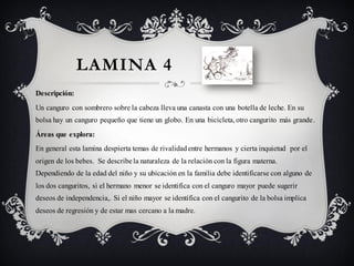 LAMINA 4
Descripción:
Un canguro con sombrero sobre la cabeza lleva una canasta con una botella de leche. En su
bolsa hay un canguro pequeño que tiene un globo. En una bicicleta, otro cangurito más grande.
Áreas que explora:
En general esta lamina despierta temas de rivalidad entre hermanos y cierta inquietud por el
origen de los bebes. Se describe la naturaleza de la relación con la figura materna.
Dependiendo de la edad del niño y su ubicación en la familia debe identificarse con alguno de
los dos canguritos, si el hermano menor se identifica con el canguro mayor puede sugerir
deseos de independencia,. Si el niño mayor se identifica con el cangurito de la bolsa implica
deseos de regresión y de estar mas cercano a la madre.
 