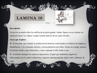 LAMINA 10

Descripción:
Un perrito acostado sobre las rodillas de un perro grande. Ambas figuras con un mínimo de
expresión facial. Las figuras ocupan la parte anterior de un cuarto de baño.
Áreas que Explora:
 Es frecuente que estimule la producción de historias relacionadas con hábitos de limpieza y
masturbación. Con conceptos morales, críticas punitorias por faltas, formas de castigo, quienes
lo realizan, frente a qué situaciones y cómo responde el niño frente a esto.
 Asimismo emergen los aspectos superyoicos, al igual que tendencias regresivas
relacionadas con el control esfinteriano, aspectos sadomasoquistas, placer anal y fantasías de
coito
 