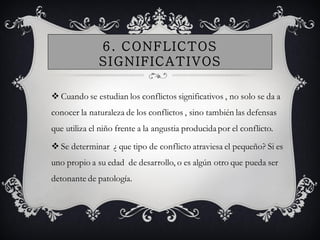 6 . C O N F LI C T O S
              S I G N I FI C A T I VO S

 Cuando se estudian los conflictos significativos , no solo se da a
conocer la naturaleza de los conflictos , sino también las defensas
que utiliza el niño frente a la angustia producida por el conflicto.

 Se determinar ¿ que tipo de conflicto atraviesa el pequeño? Si es
uno propio a su edad de desarrollo, o es algún otro que pueda ser
detonante de patología.
 