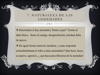 7. NATU RA LEZA DE LA S
                 A N S I E DA D E S


 Determinar si hay ansiedad y frente a que? Frente al
daño físico, frene al castigo, desaprobación, soledad, falta
de apoyo.

 De igual forma tratar de clarificar ¿ como responde
actitudinalmente el niño a estas ansiedades? Que hace, huye,
es pasivo, agresivo, ¿ que hace para liberarse de la ansiedad ?
 