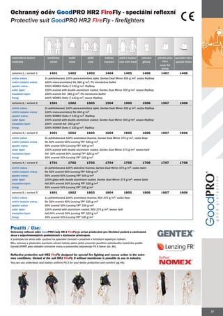 Ochranný oděv GoodPRO HR2 FireFly - speciální reflexní
Protective suit GoodPRO HR2 FireFly - firefighters




 materiálové složení           kombinéza        kukla           plášť         kalhoty     plášť s kuklou   rukavice   převlek přes speciální obuv
 materials                       overall        hood            coat         trausers     coat with hood    gloves        obuv     special shoes
                                                                                                                        cover for
                                                                                                                         shoes
 varianta 1 / variant 1         1401           1402            1403           1404            1405         1406         1407           1408
 vrchní vrstva :             2x pohliníkovaný 100% para-aramidový úplet, Gentex Dual Mirror 300 g/m2, vazba RipStop
 vnitřní izolační vrstva :   100% meta-aramidový filc 380 g/m2, PU membrána Duflot
 spodní vrstva :             100% NOMEX Delta C 110 g/m2, RipStop
 outer layer:                100% aramid with double aluminium coated, Gentex Dual Mirror 300 g/m2, weave RipStop
 insulation layer:           100% aramid felt 380 g/m2, PU membrane Duflot
 lining:                     100% NOMEX Delta C 110 g/m2, weave RipStop
 varianta 2 / variant 2         1501           1502            1503           1504            1505         1506         1507           1508
 vrchní vrstva :             2x pohliníkovaný 100% para-aramidový úplet, Gentex Dual Mirror 300 g/m2, vazba RipStop
 vnitřní izolační vrstva :   100% meta-aramidový filc 340 g/m2
 spodní vrstva :             100% NOMEX Delta C 110 g/m2, RipStop
 outer layer:                100% aramid with double aluminium coated, Gentex Dual Mirror 300 g/m2, weave RipStop
 insulation layer:           100% aramid felt 340 g/m2
 lining:                     100% NOMEX Delta C 110 g/m2, RipStop
 varianta 3 / variant 3         1601           1602            1603           1604            1605         1606         1607           1608
 vrchní vrstva :             2x pohliníkovaná 100% aramidová tkanina, Gentex Dual Mirror 375 g/m2, vazba Kepr
 vnitřní izolační vrstva :   filc 50% aramid 50% Lenzing FR® 520 g/m2
 spodní vrstva :             50% aramid 50% Lenzing FR® 100 g/m2
 outer layer:                100% aramid with double aluminium coated, Gentex Dual Mirror 375 g/m2, weave twill
 insulation layer:           felt 50% aramid 50% Lenzing FR® 520 g/m2
                             f
 lining:                     50% aramid 50% Lenzing FR® 100 g/m2
                                   ar
 varianta 4 / variant 4         1701           1702            1703           1704            1705         1706         1707           1708
 vrchní vrstva :             2x pohliníkovaná 100% skleněná tkanina, Gentex Dual Mirror 375 g/m2, vazba Satin
 vnitřní izolační vrstva :   filc 50% aramid 50% Lenzing FR® 520 g/m2
 spodní vrstva :             50% aramid 50% Lenzing FR® 100 g/m2
 outer layer:                100% glass with double aluminium coated, Gentex Dual Mirror 375 g/m2, weave Satin
 insulation layer:           felt 50% aramid 50% Lenzing FR® 520 g/m2
                             f
 lining:                     50% aramid 50% Lenzing FR® 100 g/m2
                                   ar
 varianta 5 / variant 5         1801           1802            1803           1804            1805         1806         1807           1808
 vrchní vrstva :             1x pohliníkovaná 100% aramidová tkanina, REX 370    g/m2,
                                                                                   vazba Kepr
 vnitřní izolační vrstva :   filc 50% aramid 50% Lenzing FR® 520 g/m2
 spodní vrstva :             50% aramid 50% Lenzing FR® 100 g/m2
 outer layer:                100% aramid with aluminium coated, REX 370 g/m2, weave twill
 insulation layer:           felt 50% aramid 50% Lenzing FR® 520 g/m2
                             f
 lining:                     50% aramid 50% Lenzing FR® 100 g/m2
                                   ar



Použití / Use:
Ochranný reflexní oděv GoodPRO řady HR 2 FireFly je určen především pro likvidaci požárů a záchranné
akce v nejextrémnějších podmínkách s dýchacím přístrojem.
V průmyslu lze tento oděv využívat na speciální činnosti v prostředí s kritickým tepelným rizikem.
Míru ochrany a především komfortu užívání tohoto oděvu ještě umocníte použitím nehořlavého funkčního prádla
Devold SPIRIT jako základní ochranné vrstvy a pracovního stejnokroje PS II Oskar (str. 46).

Reflective protective suit HR2 FireFly designed for special fire fighting and rescue action in the extre-
                                   Fly                                                             e
mes conditions. Variant of the suit HR2 FireFly II without membrane is possible to use in industry.
You can use underwear and station uniform PS II for your better protection and comfort (pg 46).




                                                                                                                                                    37
 