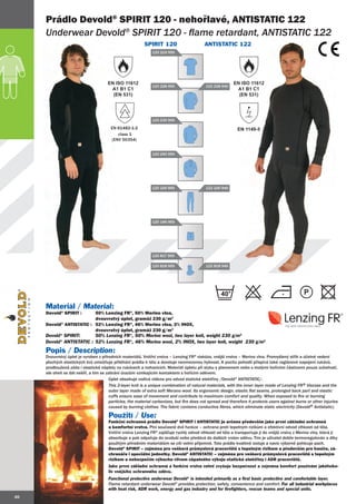 Prádlo Devold® SPIRIT 120 - nehořlavé, ANTISTATIC 122
     Underwear Devold® SPIRIT 120 - flame retardant, ANTISTATIC 122
                                                          SPIRIT 120                       ANTISTATIC 122
                                                              120 219 950




                                      EN ISO 11612                                                         EN ISO 11612
                                                              120 228 950                   122 228 940
                                       a1 B1 C1
                                         1                                                                  a1 B1 C1
                                        (EN 531)                                                             (EN 531)




                                                              120 230 950

                                        EN 61482-1-2                                                         EN 1149-5
                                           class 1
                                        (ENV 50354)


                                                              120 240 950




                                                              120 100 950                   122 100 940




                                                              120 146 950




                                                              120 817 950

                                                              120 818 950                   122 818 940




                                                                                                    40                                           P
     Materiál / Material:
     Devold® SPIRIT :     50% Lenzing FR®, 50% Merino vlna,
                          dvouvrstvý úplet, gramáž 230 g/m2
     Devold® ANTISTATIC : 52% Lenzing FR®, 46% Merino vlna, 2% INOx,
                                                               INO
                          dvouvrstvý úplet, gramáž 230 g/m2
     Devold® SPIRIT:
              PIRIT
              PIRIT:      50% Lenzing FR®, 50% Merino wool, two layer knit, weight 230 g/m2
     Devold® ANTISTATIC : 52% Lenzing FR®, 46% Merino wool, 2% INOX, two layer knit, weight 230 g/m2

     Popis / Description:
     Dvouvrstvý úplet je vyroben z přírodních materiálů. Vnitřní vrstva – Lenzing FR® viskóza, vnější vrstva – Merino vlna. Promyšlený střih a účelné vedení
     plochých elastických švů umožňuje přiléhání prádla k tělu a dovoluje neomezenou hybnost. K pocitu pohodlí přispívá také raglánové napojení rukávů,
     prodloužená záda i elastické náplety na rukávech a nohavicích. Materiál úpletu při styku s plamenem nebo s malými hořícími částicemi pouze zuhelnatí,
     ale oheň se dál nešíří, a tím se zabrání úrazům vznikajícím kontaktem s hořícím oděvem.
                                        Úplet obsahuje vodivá vlákna pro odvod statické elektřiny /Devold® ANTISTATIC/.
                                        This 2-layer knit is a unique combination of natural materials, with the inner layer made of Lenzing FR® Viscose and the
                                        outer layer made of extra soft Merano wool. Its ergonomic design, elastic flat seams, prolonged back part and elastic
                                        cuffs ensure ease of movement and contribute to maximum comfort and quality. When exposed to fire or burning
                                        particles, the material carbonizes, but fire does not spread and therefore it protects users against burns or other injuries
                                        caused by burning clothes. The fabric contains conductive fibres, which eliminate static electricity (Devold® Antistatic).

                                       Použití / Use:
                                       Funkční ochranné prádlo Devold® SPIRIT i ANTISTATIC je určeno především jako první základní ochranná
                                       a komfortní vrstva. Plní současně dvě funkce – ochrana proti tepelným rizikům a efektivní odvod vlhkosti od těla.
                                       Vnitřní vrstva Lenzing FR® zajišťuje rychlý odvod vlhkosti od těla a transportuje ji do vnější vrstvy z Merino vlny, která ji
                                       absorbuje a pak odpařuje do ovzduší nebo předává do dalších vrstev oděvu. Tím je uživatel dobře termoregulován a díky
                                       použitým přírodním materiálům se cítí velmi příjemně. Toto prádlo kvalitně izoluje a navíc výborně pohlcuje pach.
                                       Devold® SPIRIT – zejména pro veškerá průmyslová pracoviště s tepelným rizikem a především pro hasiče, zá-
                                       chranáře i speciální jednotky. Devold® ANTISTATIC – zejména pro veškerá průmyslová pracoviště s tepelným
                                       rizikem a nebezpečím výbuchu vlivem zápalného výboje statické elektřiny i ADR pracoviště.
                                       Jako první základní ochranná a funkční vrstva velmi zvyšuje bezpečnost a zejména komfort používání jakéhoko-
                                       liv vnějšího ochranného oděvu.
                                       Functional protective underwear Devold® is intended primarily as a first basic protective and comfortable layer.
                                       Flame retardant underwear Devold® provides protection, safety, convenience and comfort. For all industrial workplaces
                                       with heat risk, ADR work, energy and gas industry and for firefighters, rescue teams and special units.
46
 