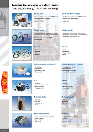 Těsnění, izolace, pryž a izolační šňůry
     Gaskets, insulating, rubber and packings
                       Těsnící šňůry                                     Gland and static packings

                       •Ucpávkové šňůry - bavlna, aramid, PTFE, grafit   •Gland packings - cotton, aramid, PTFE, graphite
                       •Izolační šňůry- sklo, keramika                   •Static packings - glass, ceramic
                       •Vytahováky ucpávek                               •Seal extractors
                       •Řezačka ucpávek                                  •Cutter seals




                       Těsnící desky                                     Jointing sheets

                        •Bezazbestové těsnící desky - vláknito pryžové   •Non-asbestos sheet jointings- synthetic fibre
                        •Bezazbestové těsnící desky - z expandovaného    •Non-asbestos sheet jointings- expanded graphite
                         grafitu                                         •Non-asbestos sheet jointings- PTFE
                        •Bezazbestové těsnící desky - PTFE               •Cork rubber sheets
                        •Korkové desky




                       Těsnění                                           Gaskets

                        •Plochá přírubová                                •Flat flange
                        •Spirálová                                       •Spiral wound
                        •Obalovaná                                       •Double jacketed
                        •Profilová                                       •Profile




                       Izolační žáruvzdorné materiály                    Insulating refractory materials

                        •Rohože- Sibral                                  •Insulating mats – Sibral
                        •Izolační desky                                  •Insulating sheet
                        •Izolační vata a papír                           •Insulating wool and paper
                        •Žáromateriály                                   •Heat- resistant materials




                       Pryž                                              Rubber

                        •Silikonová                                      •Silicone
                        •NBR, SBR, EPDM, Viton, Para                     •NBR, SBR, EPDM, Viton, Para
                        •Mikroporézní pryž                               •Microporous rubber
                        •Podlahová pryž                                  •Floor rubber




                       Technické plasty                                  Technical plastics

                        •PTFE- teflon                                    •PTFE
                        •PA6- silon                                      •PA6- silon
                        •Měkčené PVC                                     •Softened PVC
                        •PE, PU                                          •PE, PU




                       Nánosové plachtoviny                              Sailcloth

                        •Nánosové a impregnované plachtoviny             •Silt and impregnated sailcloth
                        •Závěsy a zástěny                                •Curtains
                        •Kryty kontejnerů                                •Covers for containers
                        •Auto plachty                                    •Tarpaulin for cars




52
 