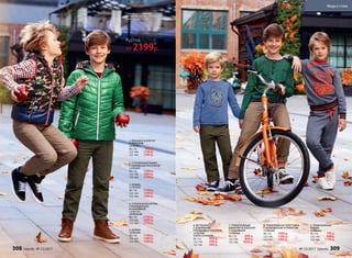 5. БРЮКИ
127B3204
98-116:	 1199 р.
122-146:	 1399 р.
152-164:	 1599 р.
6. ФУТБОЛКА
С ДЛИННЫМИ
РУКАВАМИ И ПРИНТОМ
127B2904
(СЕРО-ГОЛУБОЙ)
98-116:	 499 р.
122-146:	 599 р.
152-164:	 699 р.
7. ТРИКОТАЖНЫЙ
ДЖЕМПЕР В ПОЛОСКУ
С НАШИВКОЙ
127B2902
98-116:	 699 р.
122-146:	 899 р.
152-164:	 1099 р.
9. ТРИКОТАЖНЫЕ
БРЮКИ
127B3202
98-116:	 799 р.
122-146:	 999 р.
152-164:	 1199 р.
8. ТРИКОТАЖНАЯ ТОЛСТОВКА
С КАПЮШОНОМ И ПРИНТОМ
127B2502
98-116:	 1099 р.
122-146:	 1299 р.
152-164:	 1499 р.
2. УТЕПЛЕННЫЙ ЖИЛЕТ
С НАБИВНЫМ РИСУНКОМ
127B2201
98-116:	 1599 р.
122-146:	 1899 р.
152-164:	 2199 р.
3. БРЮКИ
127B3203
98-116:	 1199 р.
122-146:	 1399 р.
152-164:	 1599 р.
1. РУБАШКА В КЛЕТКУ
С ПРИНТОМ
127B2601
98-116:	 999 р.
122-146:	 1199 р.
152-164:	 1399 р.
2.
4.
6.
7.
8.
9.
3.
3.
5.
5.
1.
4. УТЕПЛЕННАЯ КУРТКА
С КАПЮШОНОМ
И НАШИВКОЙ
127B1101
(ЗЕЛЕНЫЙ)
98-116:	 2199 р.
122-146:	 2499 р.
152-164:	 2799 р.
Подробнее о моделях
одежды см. на стр. 310-311;
обуви см. на стр. 323.
Куртка
от 2199р.
308 faberlic № 13/2017 № 13/2017 faberlic 309
Мода и стиль
 