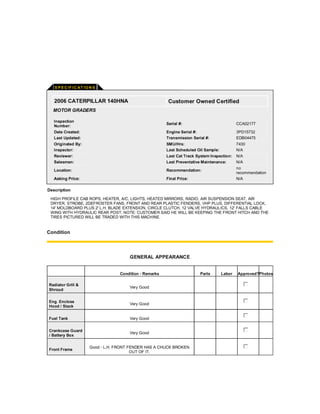 CAT 140H CCA02177 MOTOR GRADER INSPECTION REPORT