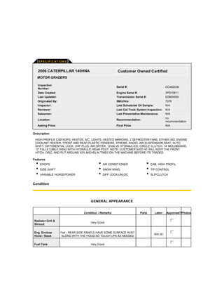 CAT 140H CCA02236 MOTOR GRADER INSPECTION REPORT