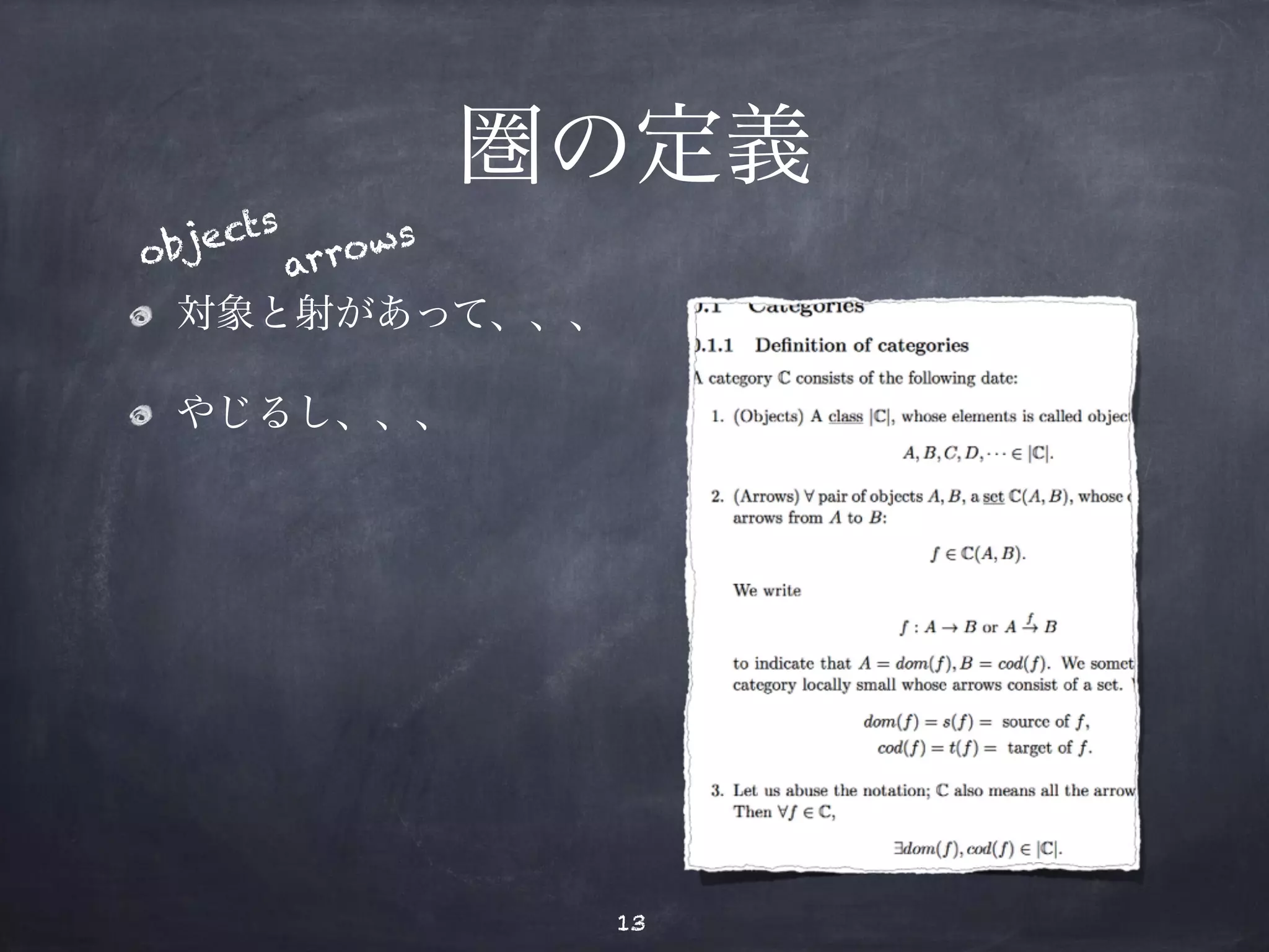圏の定義 
objects 
arrows 
対象と射があって、、、 
やじるし、、、 
13 
 