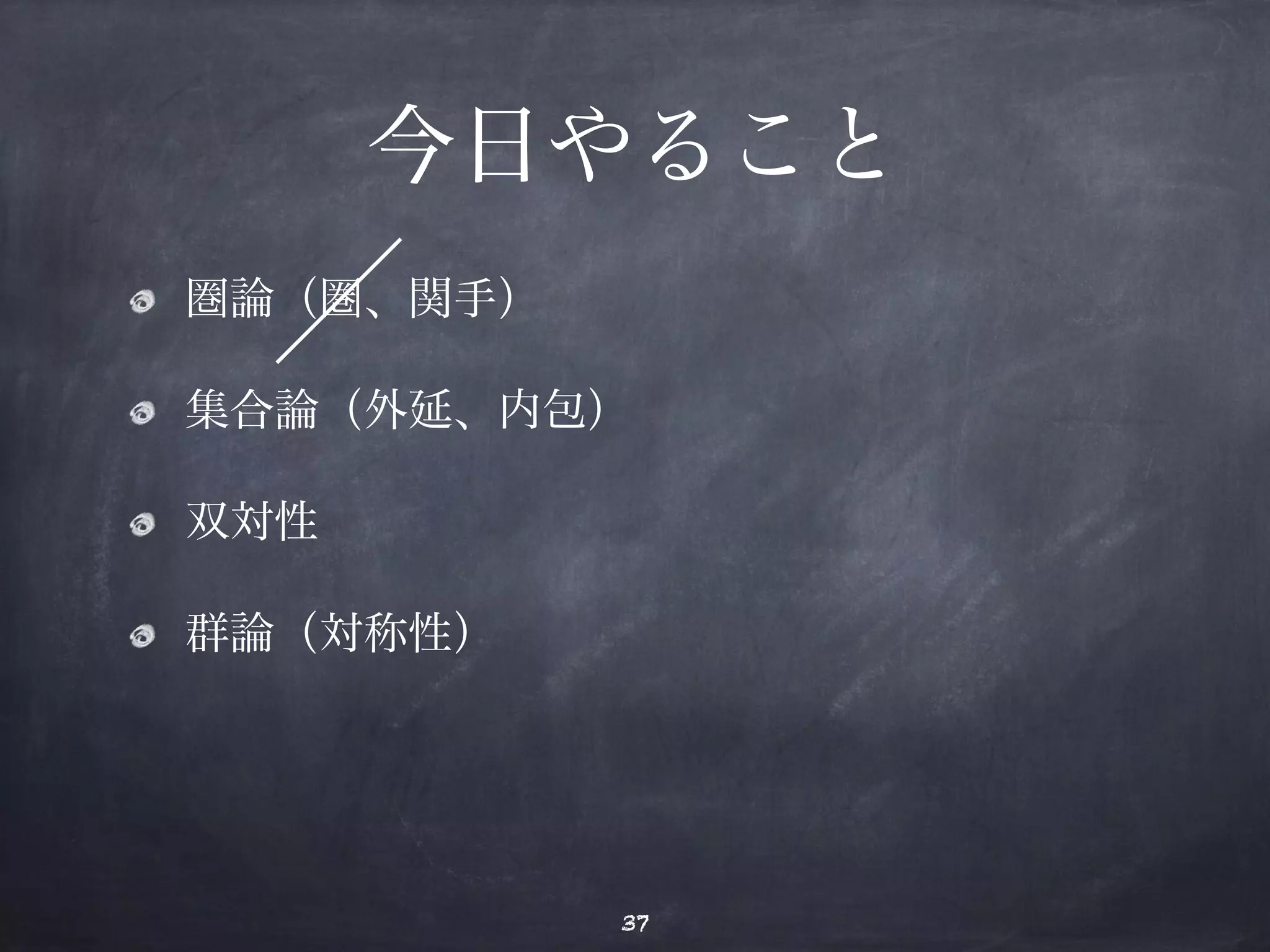 今日やること 
圏論（圏、関手） 
集合論（外延、内包） 
双対性 
群論（対称性） 
37 
 